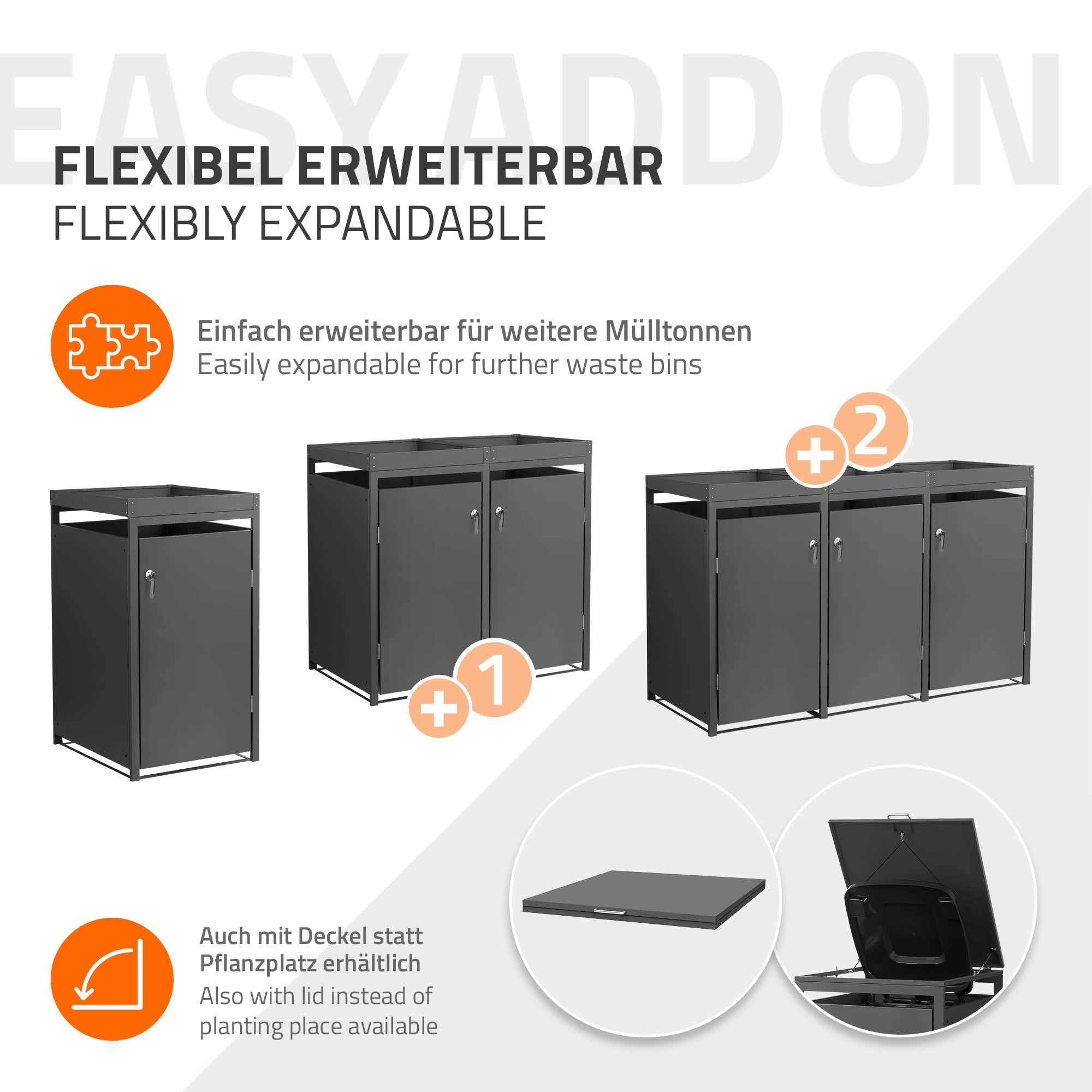 Grafik zur flexiblen Erweiterbarkeit von Mülltonnenboxen mit Symbo