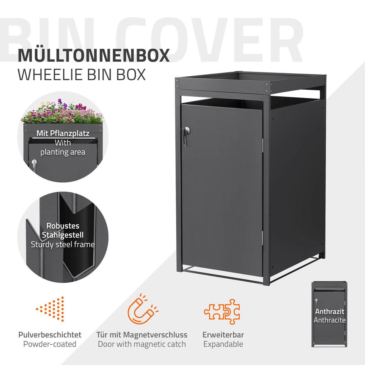 Mülltonnenbox mit Pflanzplatz und robustem Stahlgestell in Anthraz