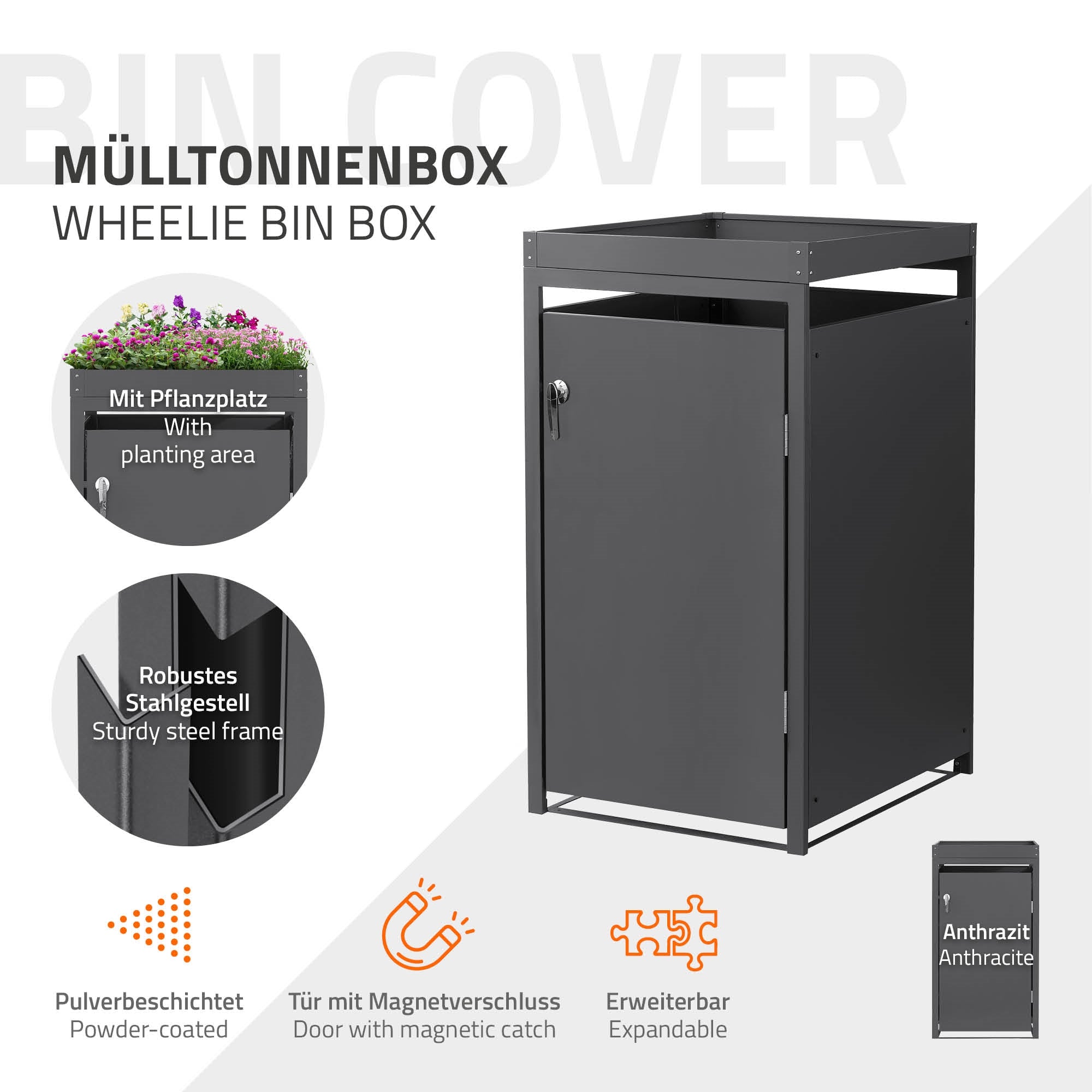 Mülltonnenbox mit Pflanzplatz und robustem Stahlgestell in Anthraz
