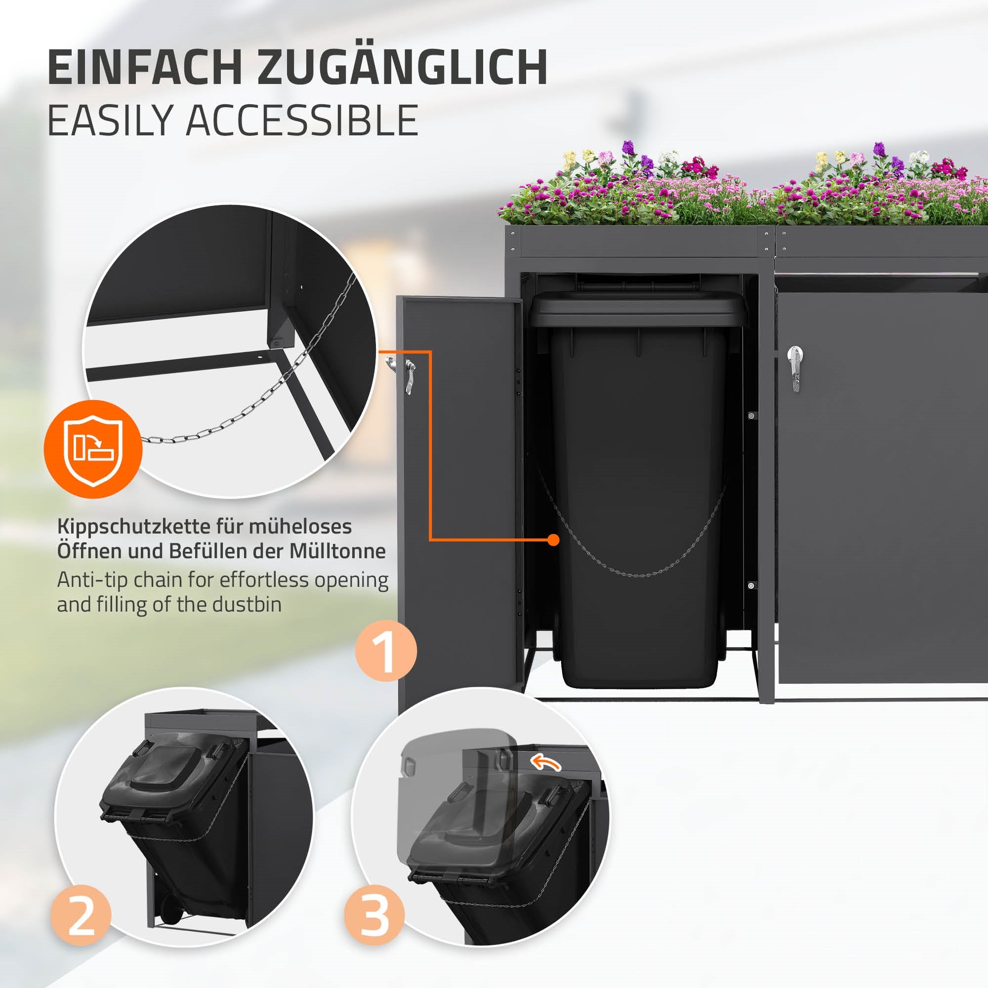 Mülltonnenbox mit Kipp-Schutzkette für müheloses Öffnen.