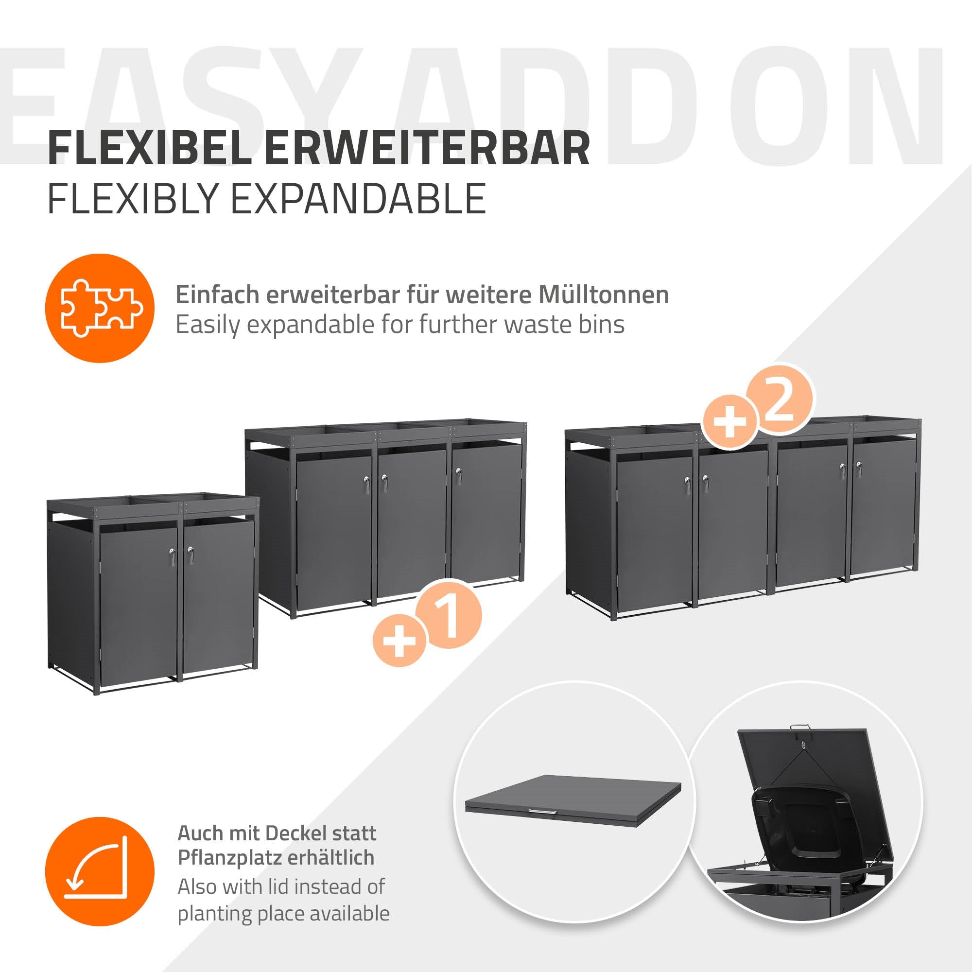 Grafik zur flexiblen Erweiterbarkeit von Mülltonnenboxen mit Symbo