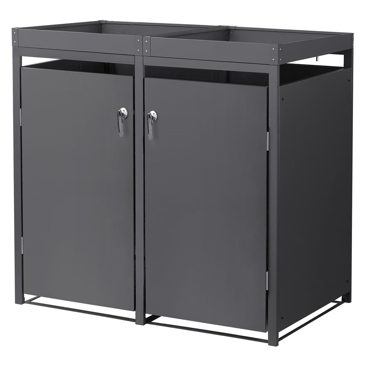 Two grey cabinets with doors and locks, made of metal and wood.