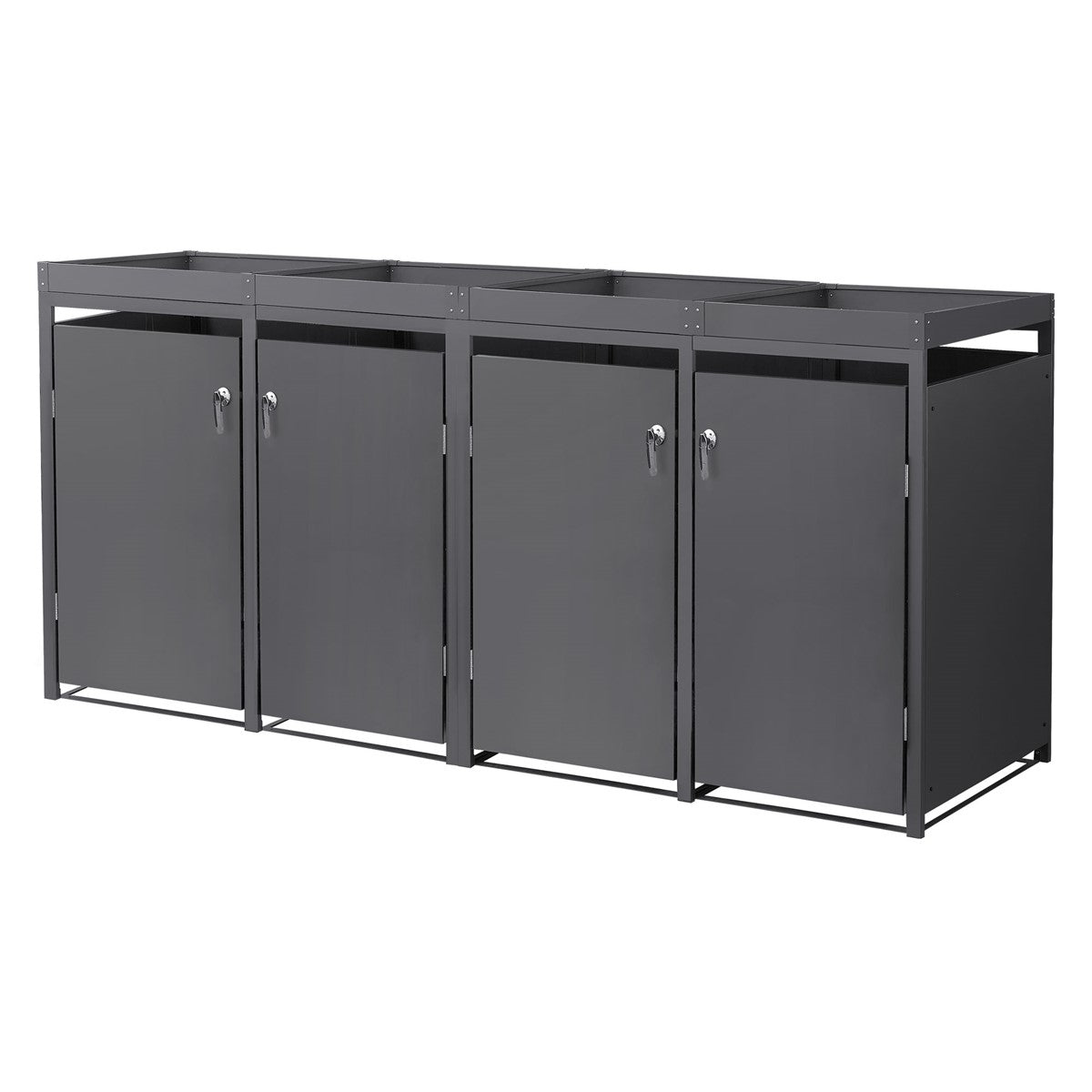 Four wheelie-bin storage units in gray with doors.