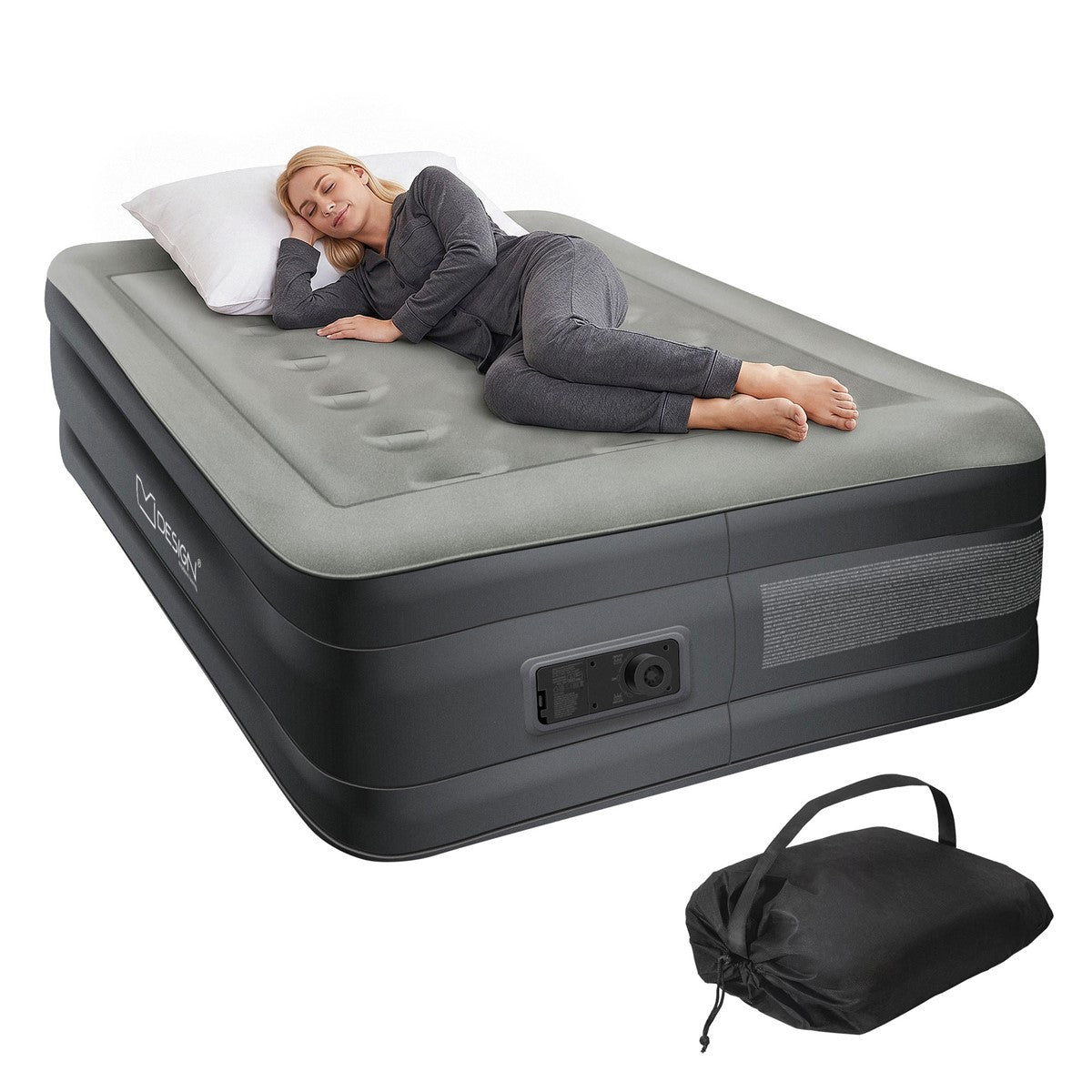 Woman sleeping on an inflatable air bed with a pillow and carry bag.