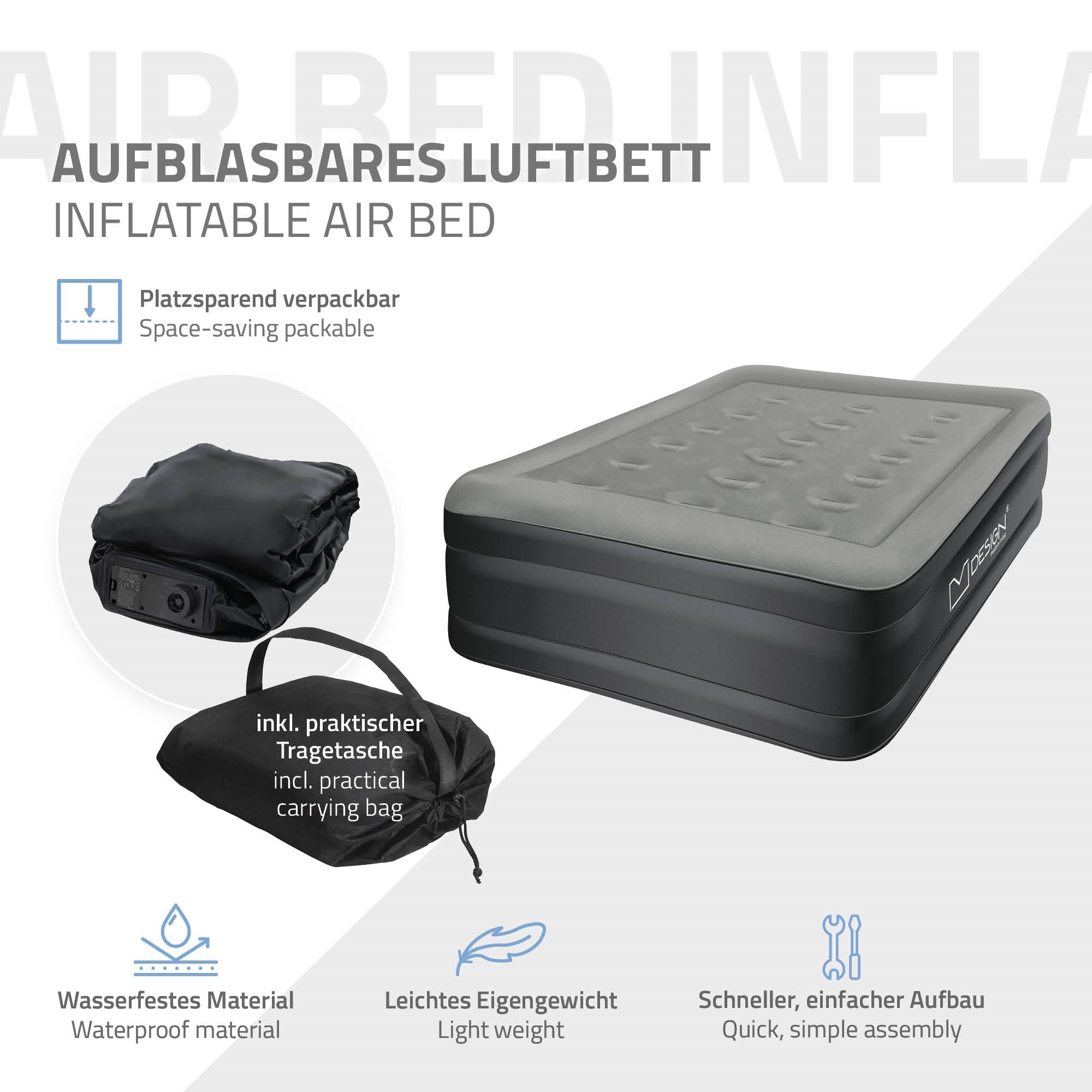Aufblasbares Luftbett in Tragetasche, wasserfest und leicht.