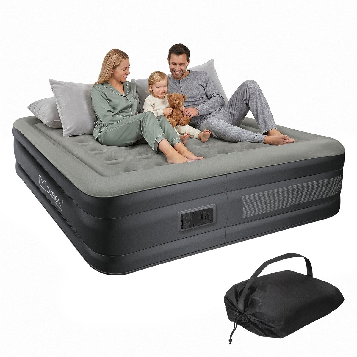 Family sitting on an air mattress with pillows and toys.