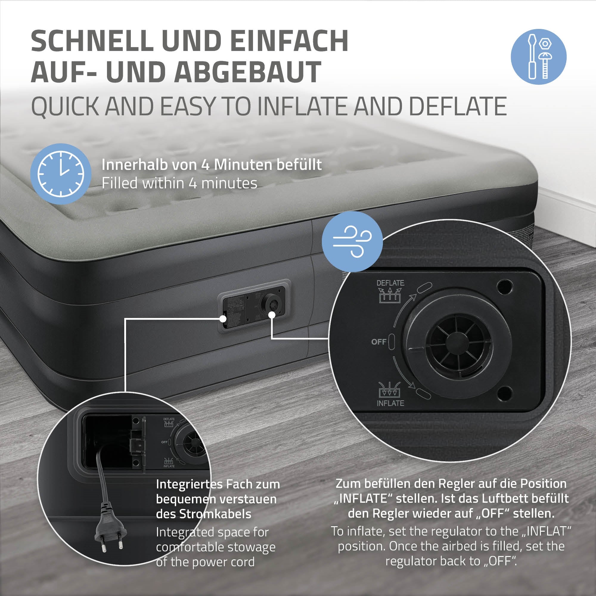 Luftbett mit Ventil, das zum Aufblasen und Ablassen dient.