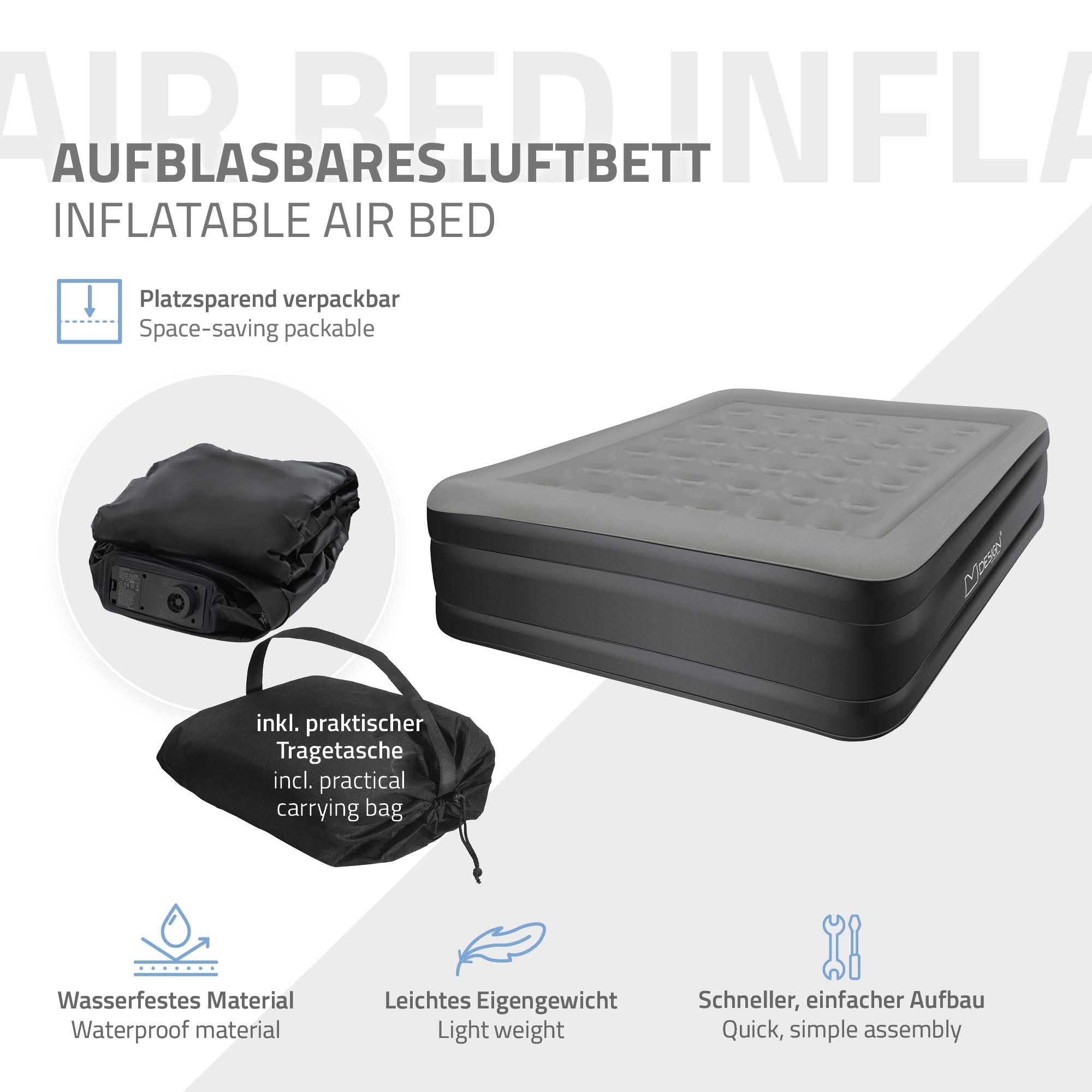 Aufblasbares Luftbett in grau mit Tragetasche.