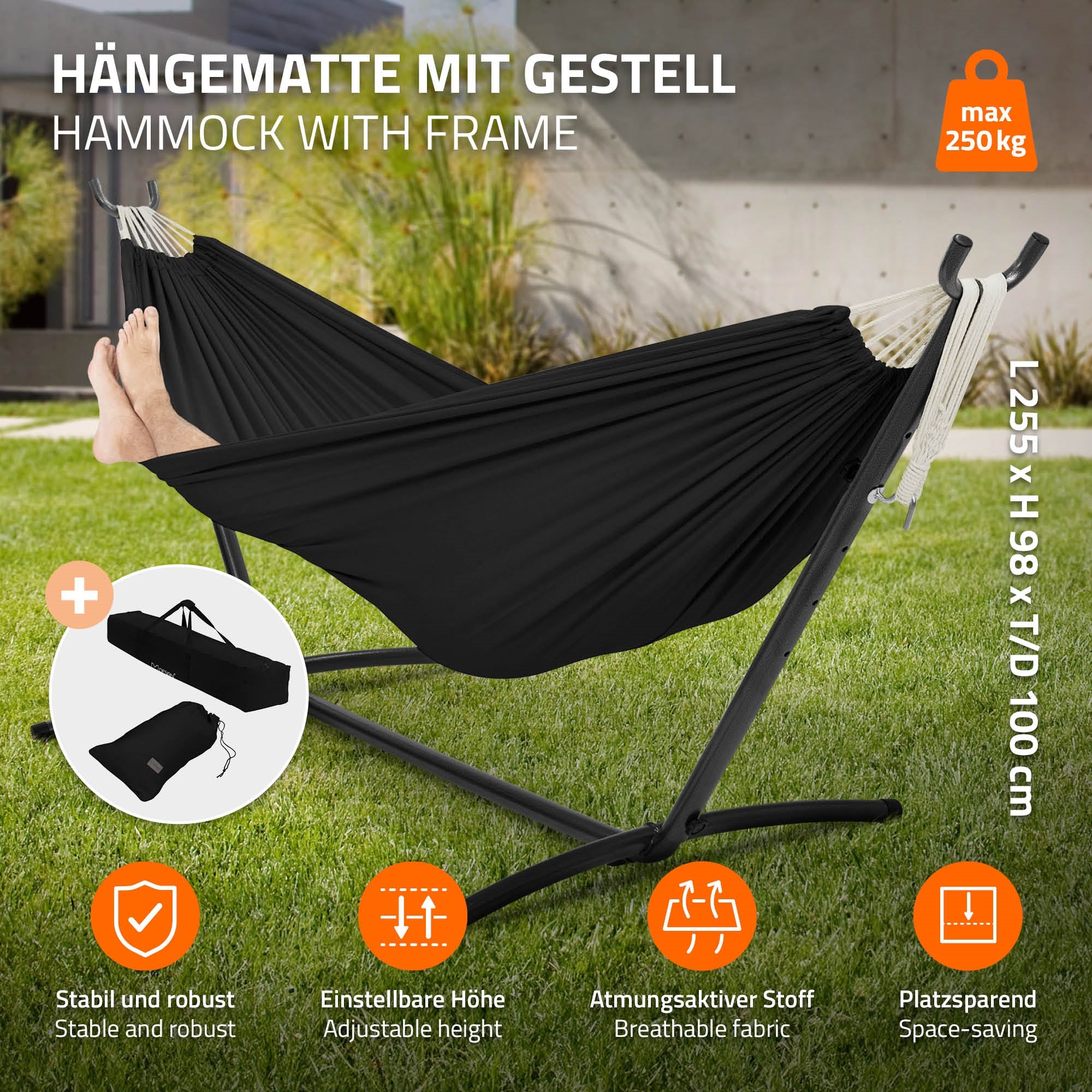 Hängematte mit Gestell, schwarz, auf einer grünen Rasenfläche.