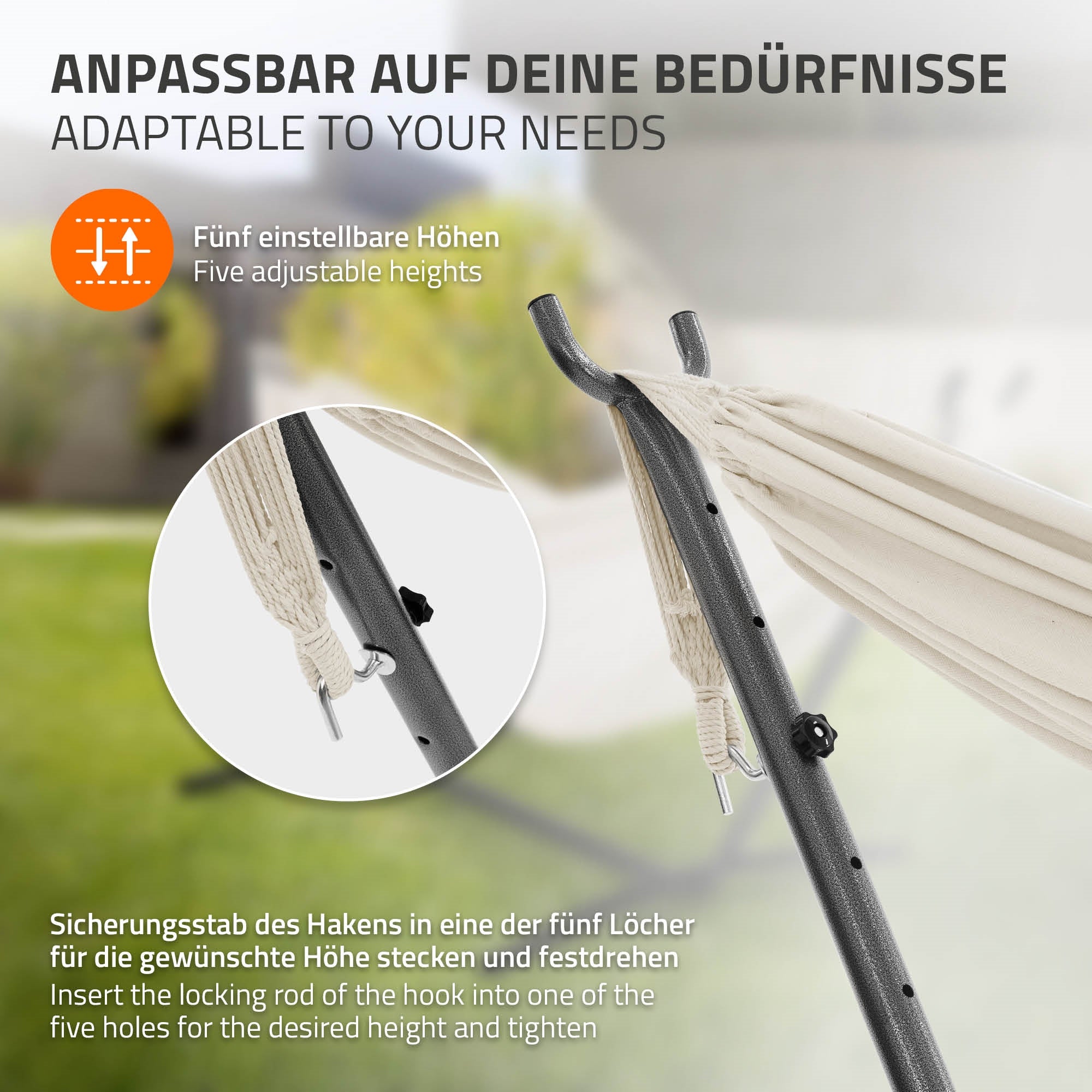 Hängematte mit verstellbarem Gestell und Sicherungsstab.