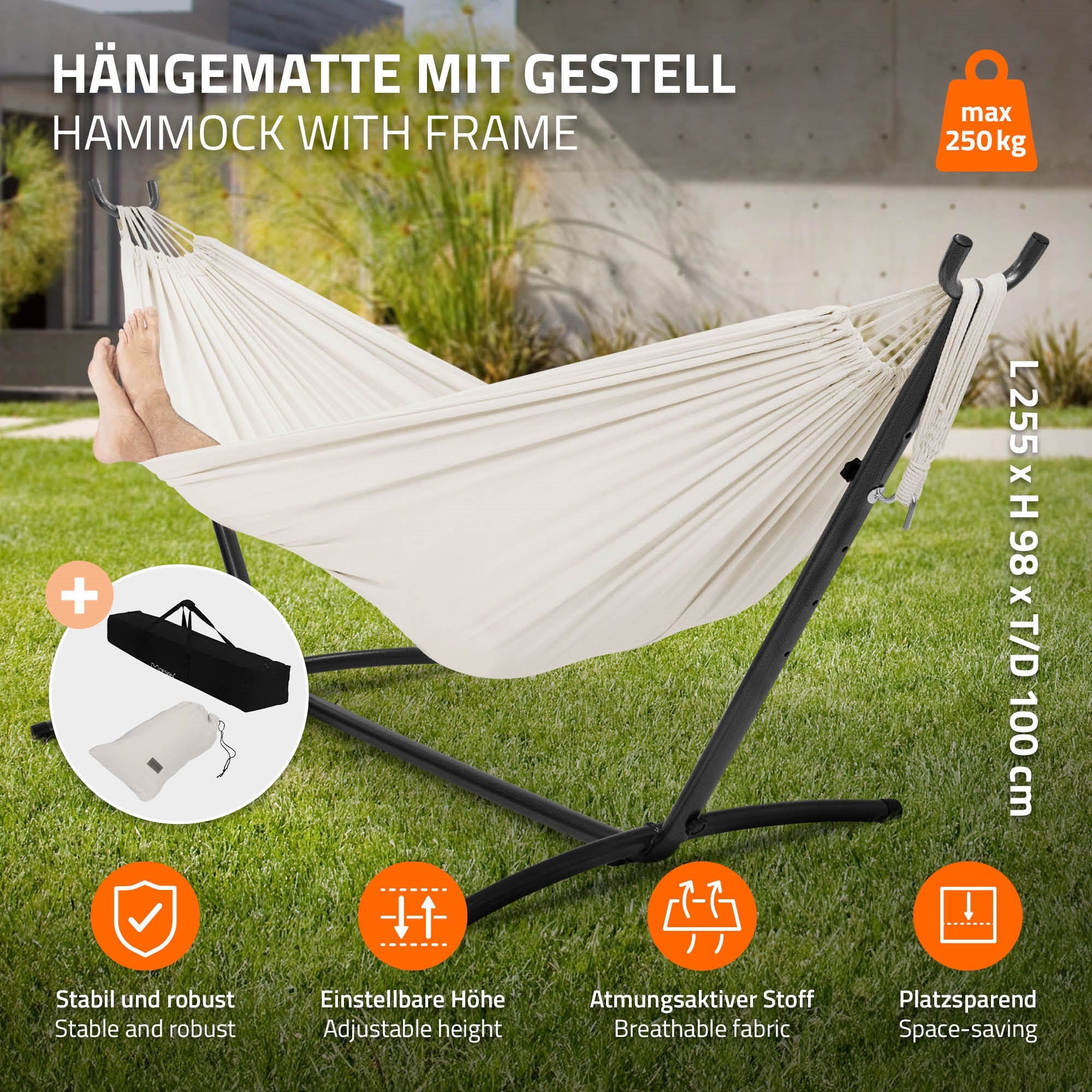Amaca con supporto, beige, all'aperto, con capacità di carico di 250 kg.