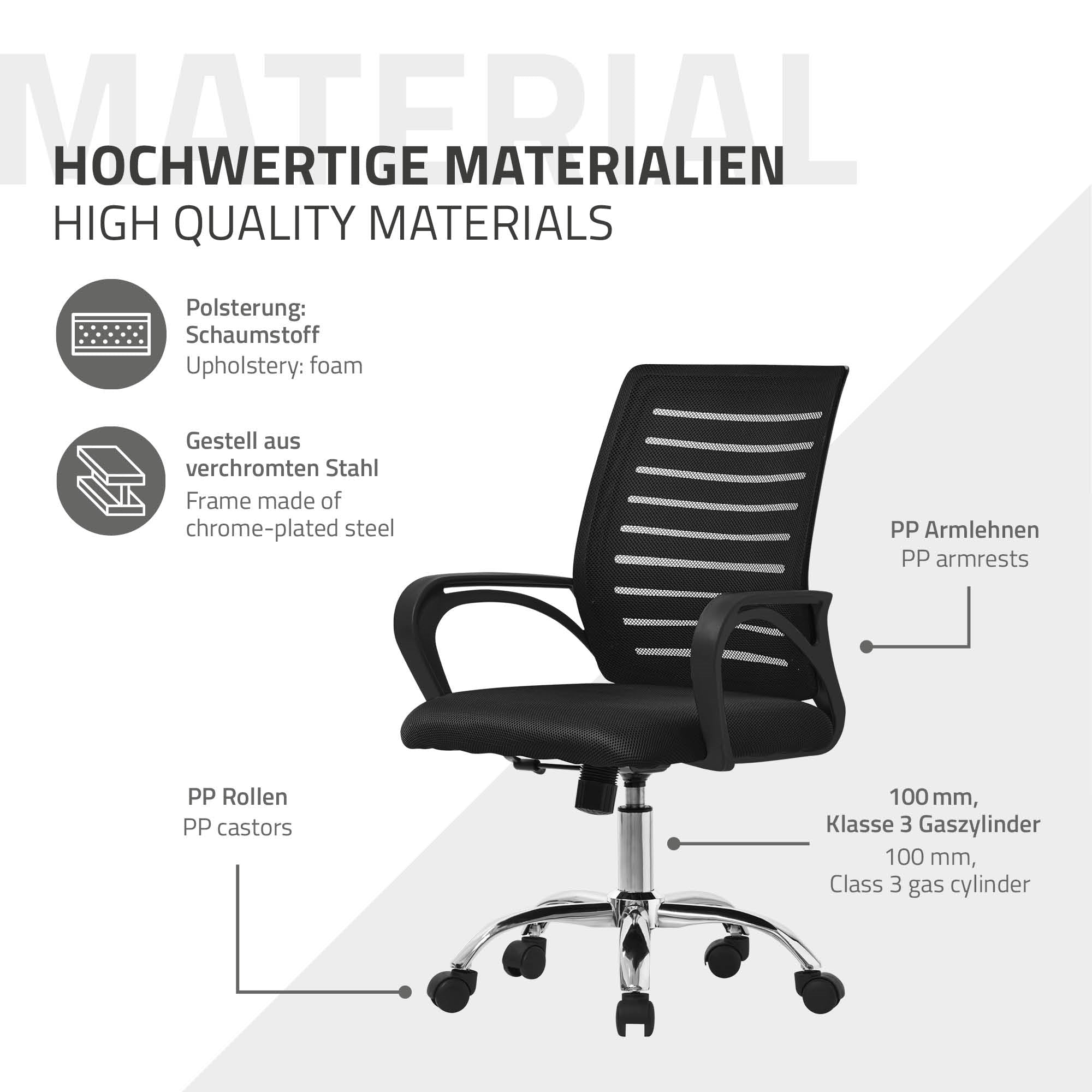 Schwarzer Bürostuhl mit Armlehnen und verchromtem Fuß, auf einem hellen Hintergrund.