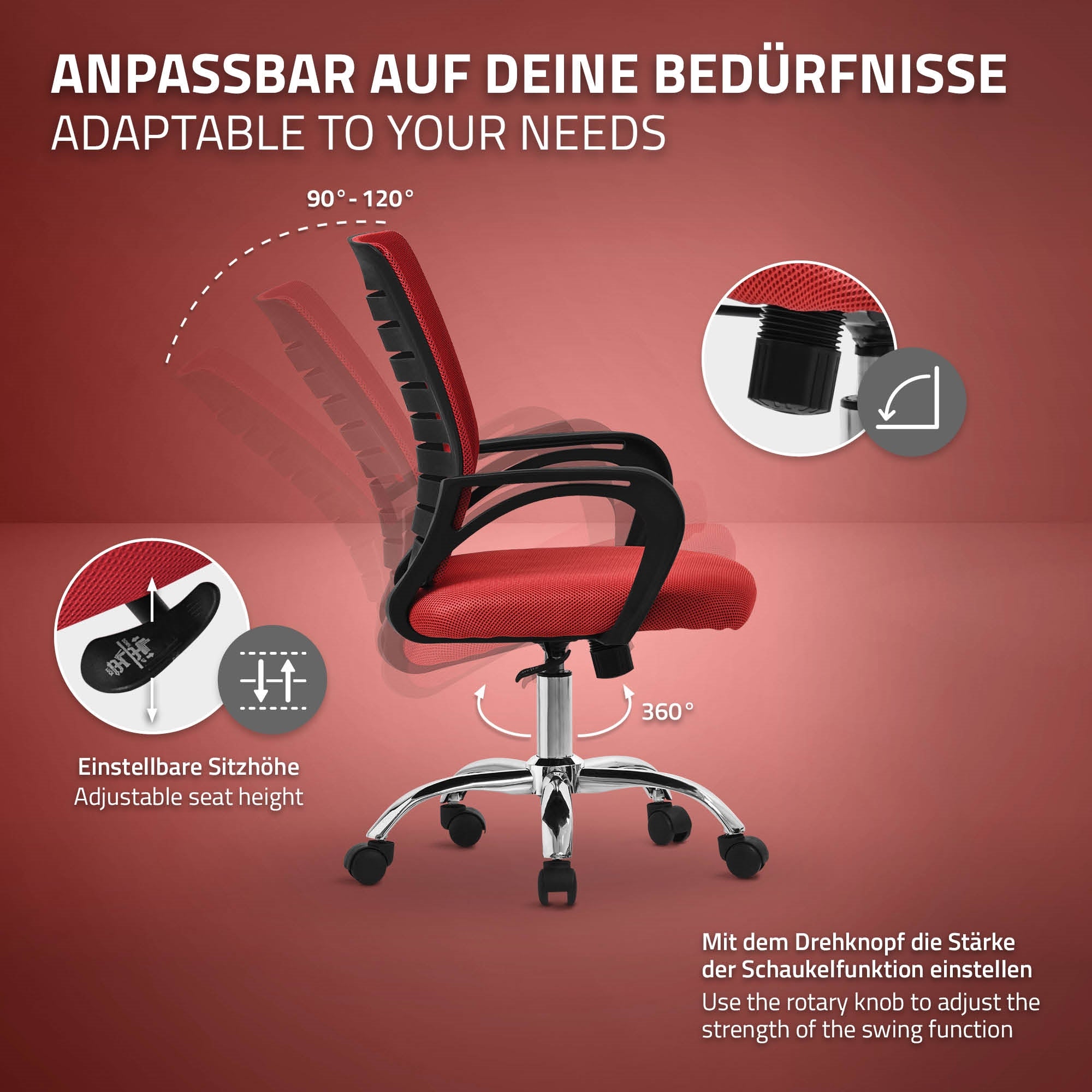 Roter Bürostuhl mit verstellbarer Sitzhöhe und Drehknopf für Schaukelfunktion.