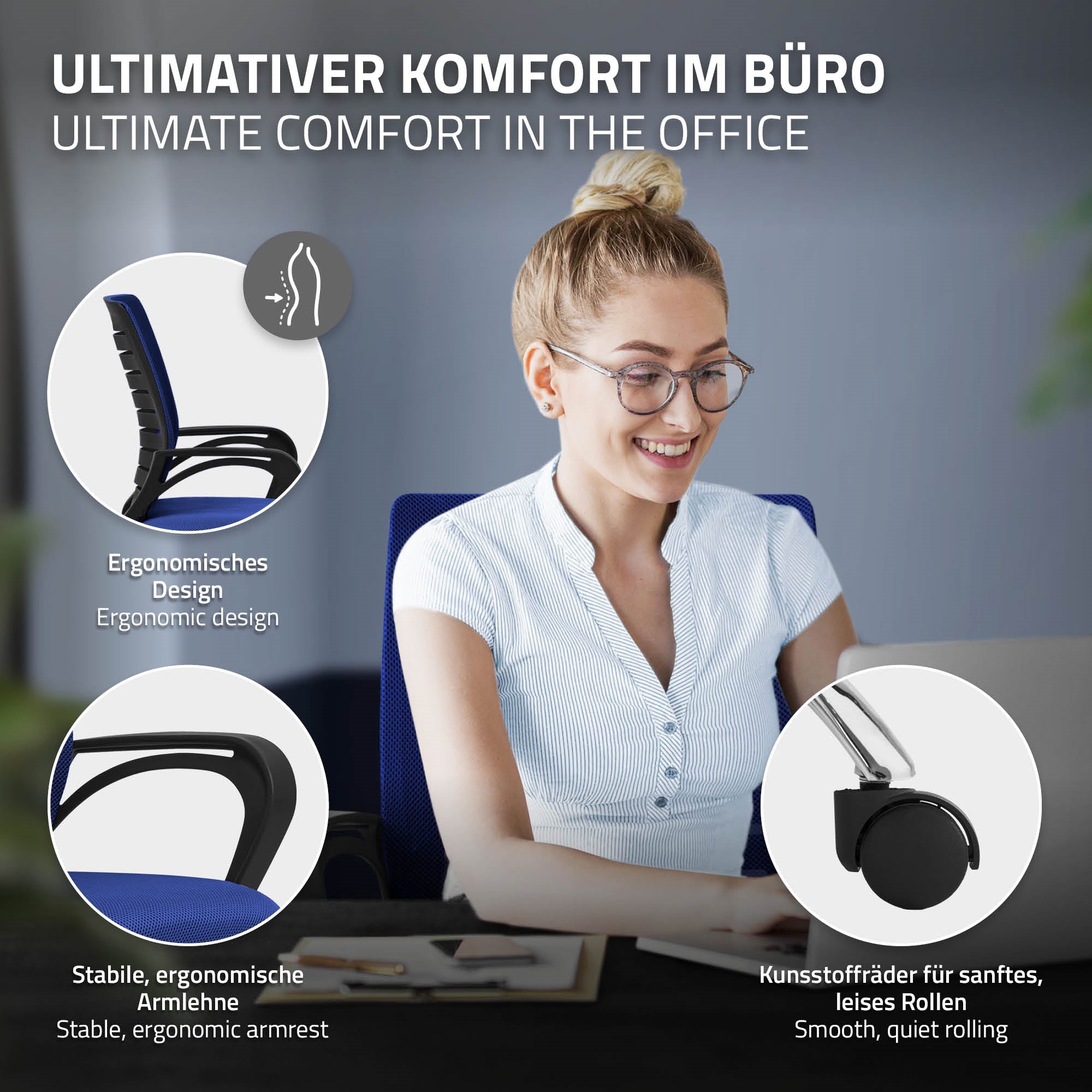Büro mit ergonomischem Stuhl und Schreibtisch, Person arbeitet am Laptop.