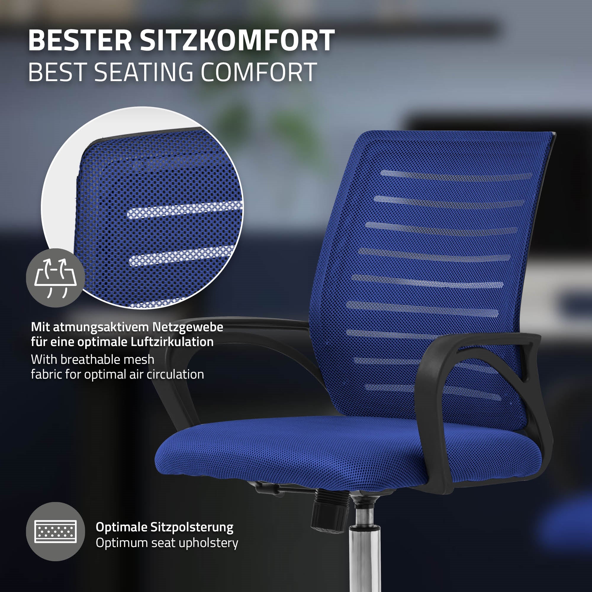 Nahaufnahme eines blauen Bürostuhls mit Netzgewebe.