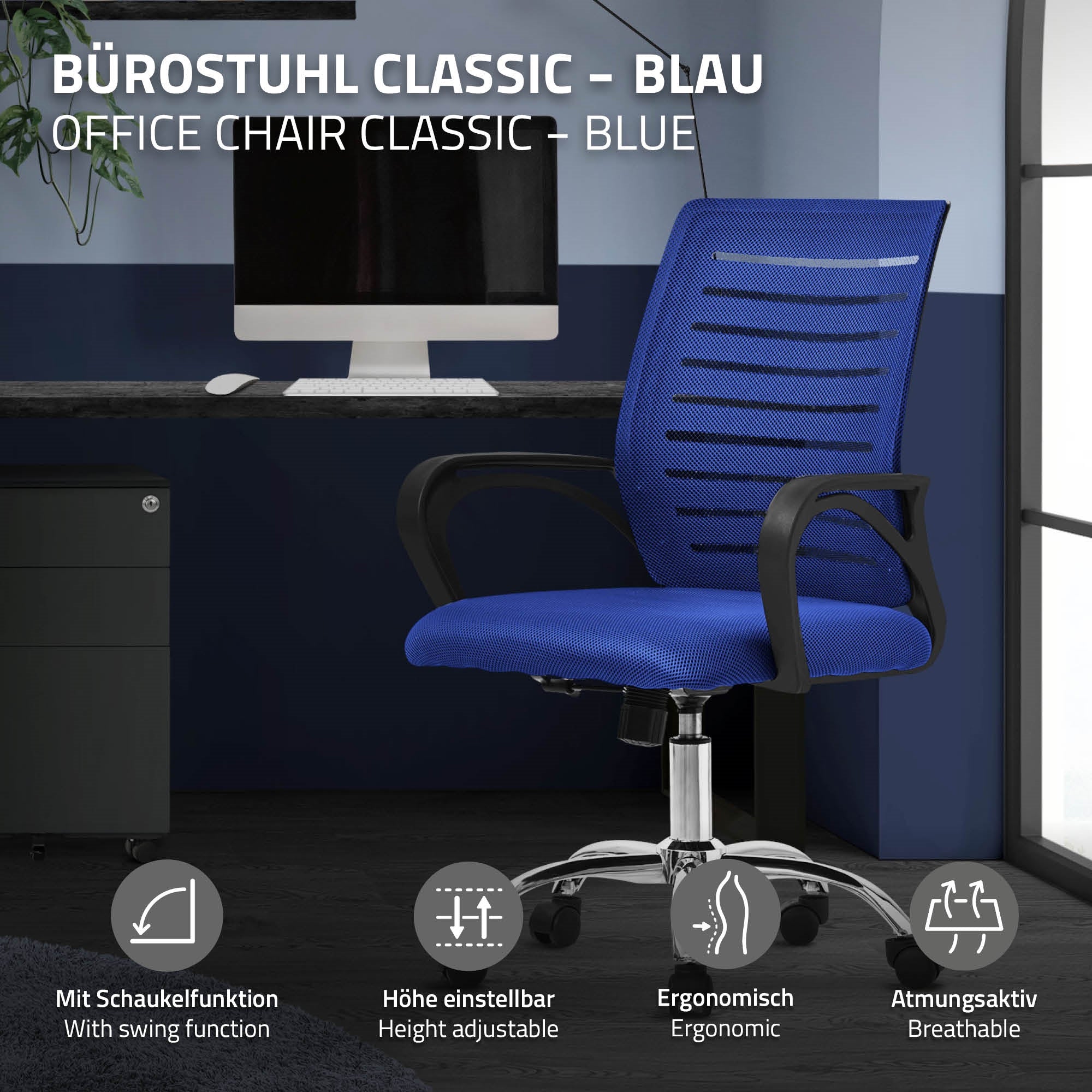 Blauer Bürostuhl mit ergonomischem Design und höhenverstellbarer Funktion.
