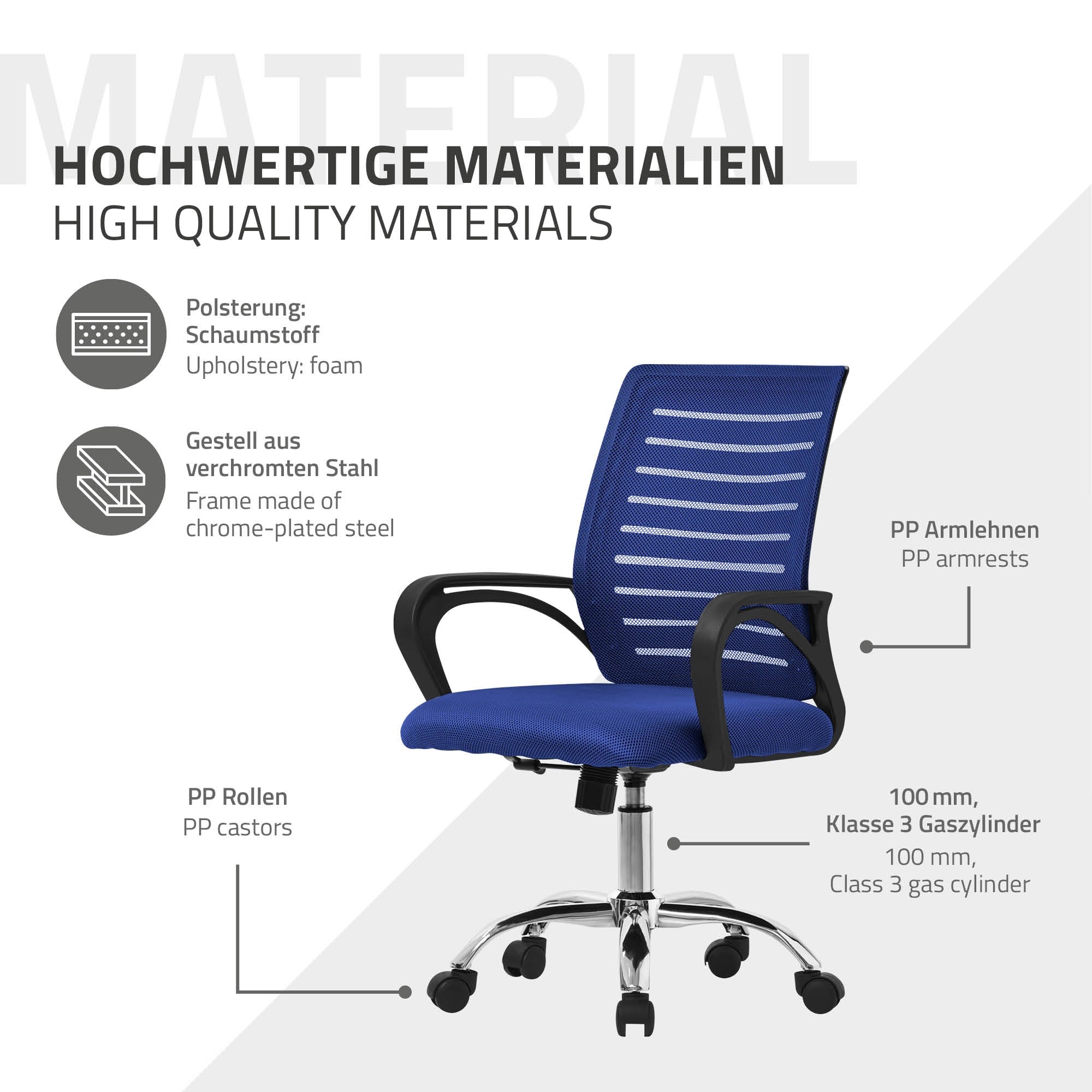 Blauer Bürostuhl mit Armlehnen und verstellbarer Sitzhöhe.