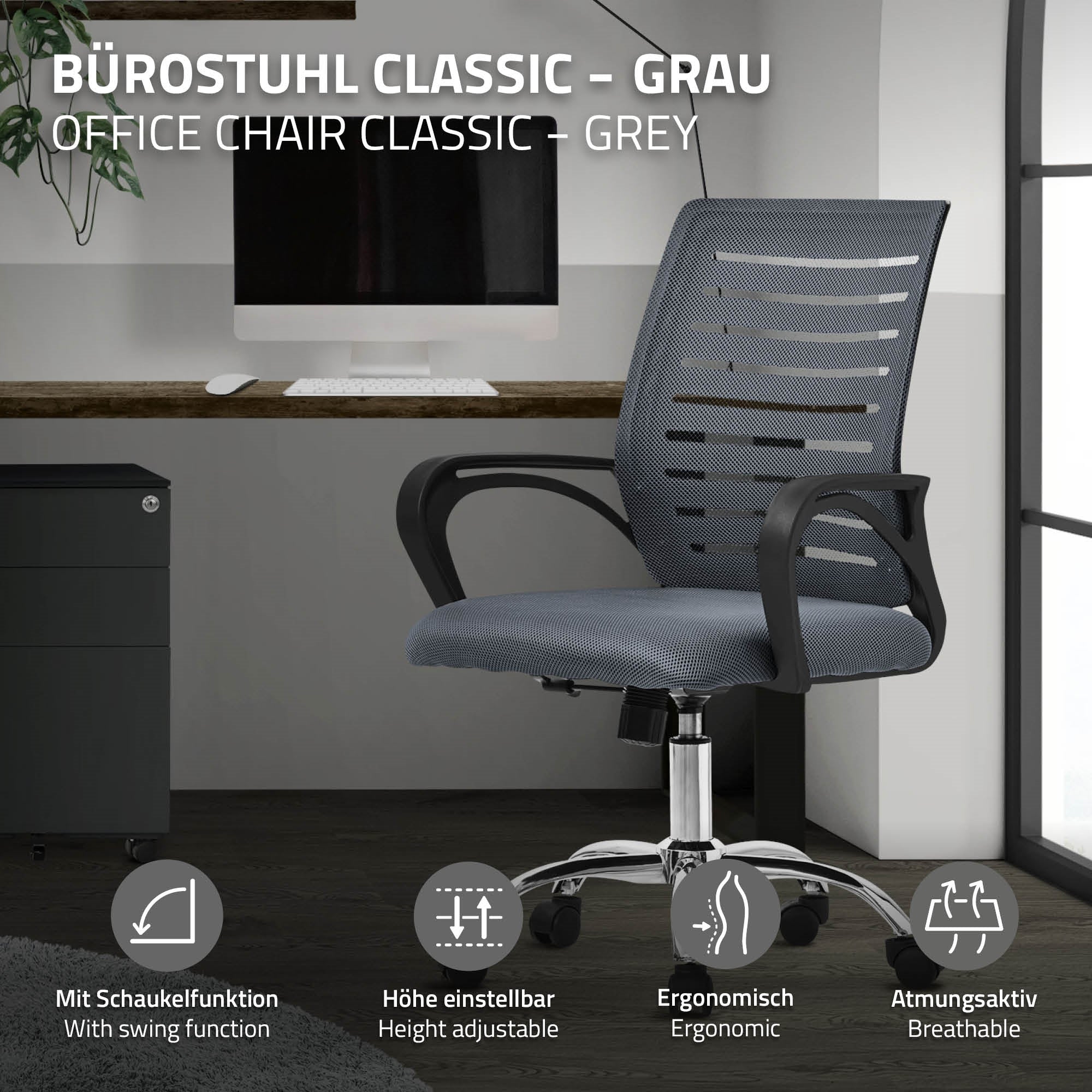 Grijze bureaustoel met ergonomisch ontwerp en verstelbare hoogte.