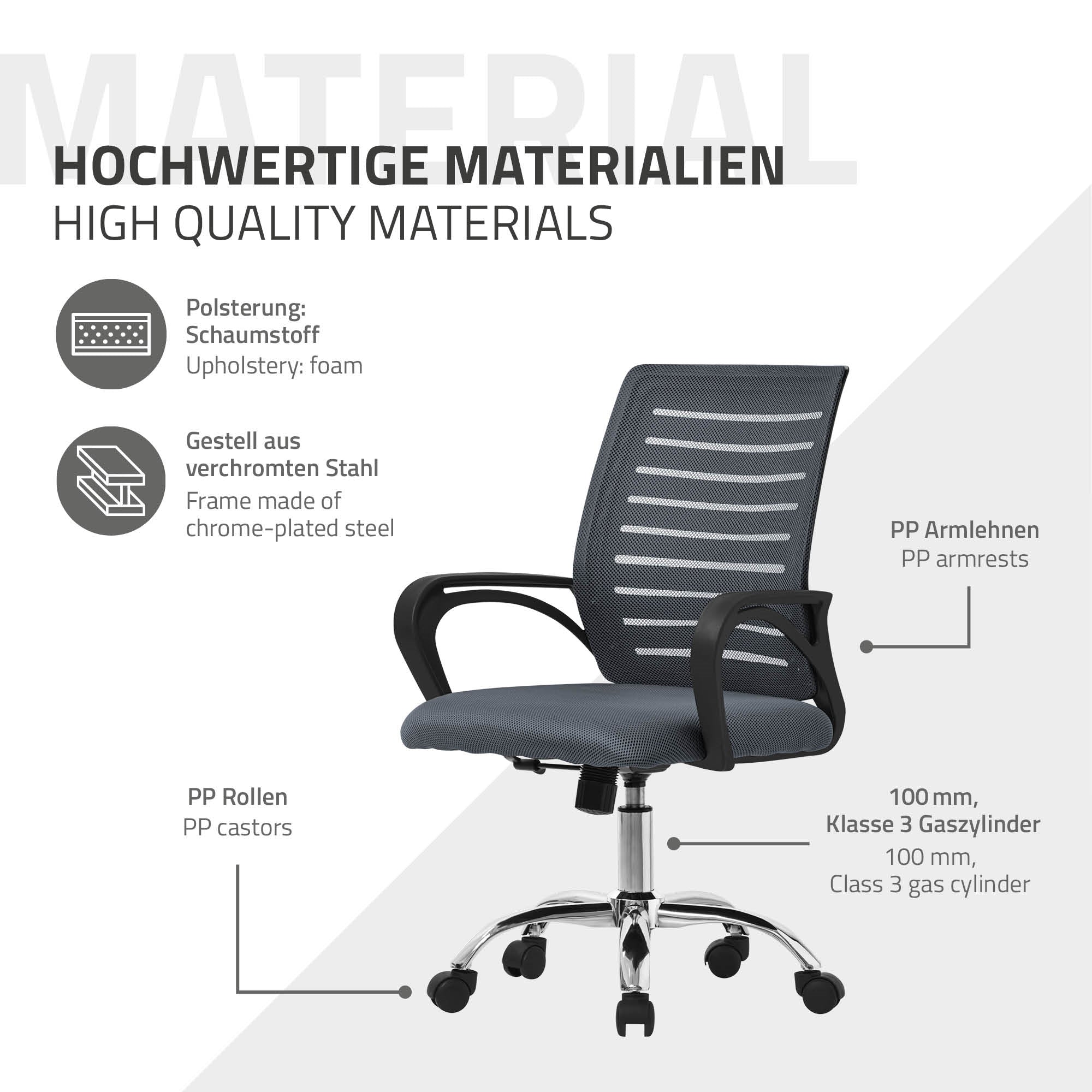 Descrizione dei materiali di una sedia da ufficio con dettagli su imbottitura e struttura.