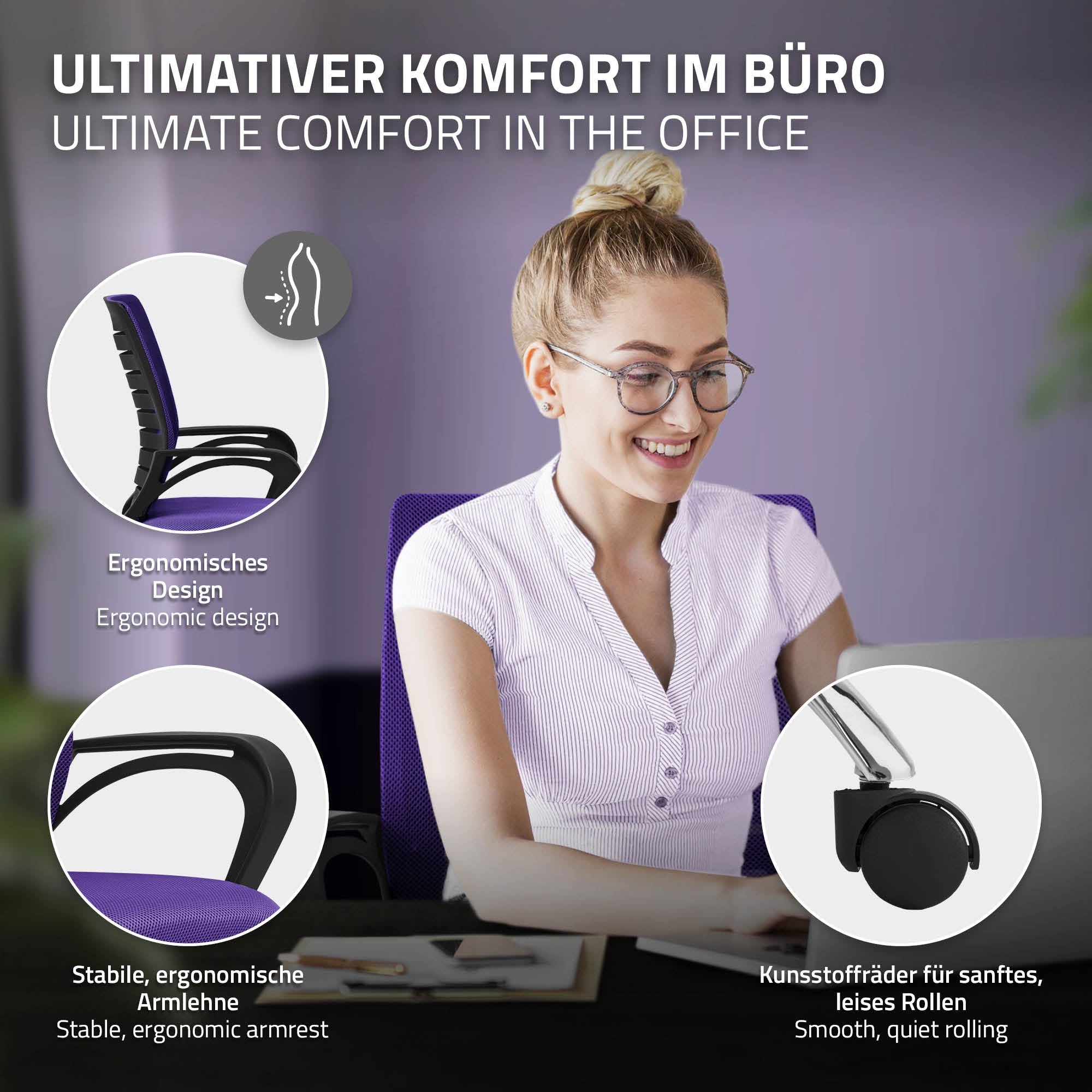 Donna seduta a una scrivania con sedia da ufficio viola e computer.