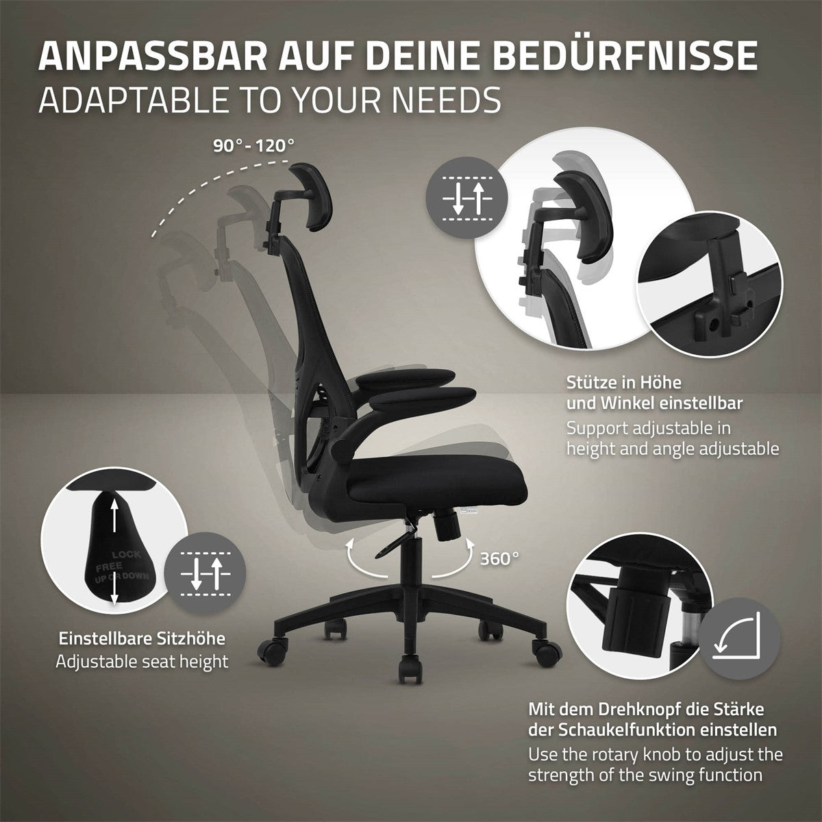 Afbeelding met de verstelbare functies van een bureaustoel.