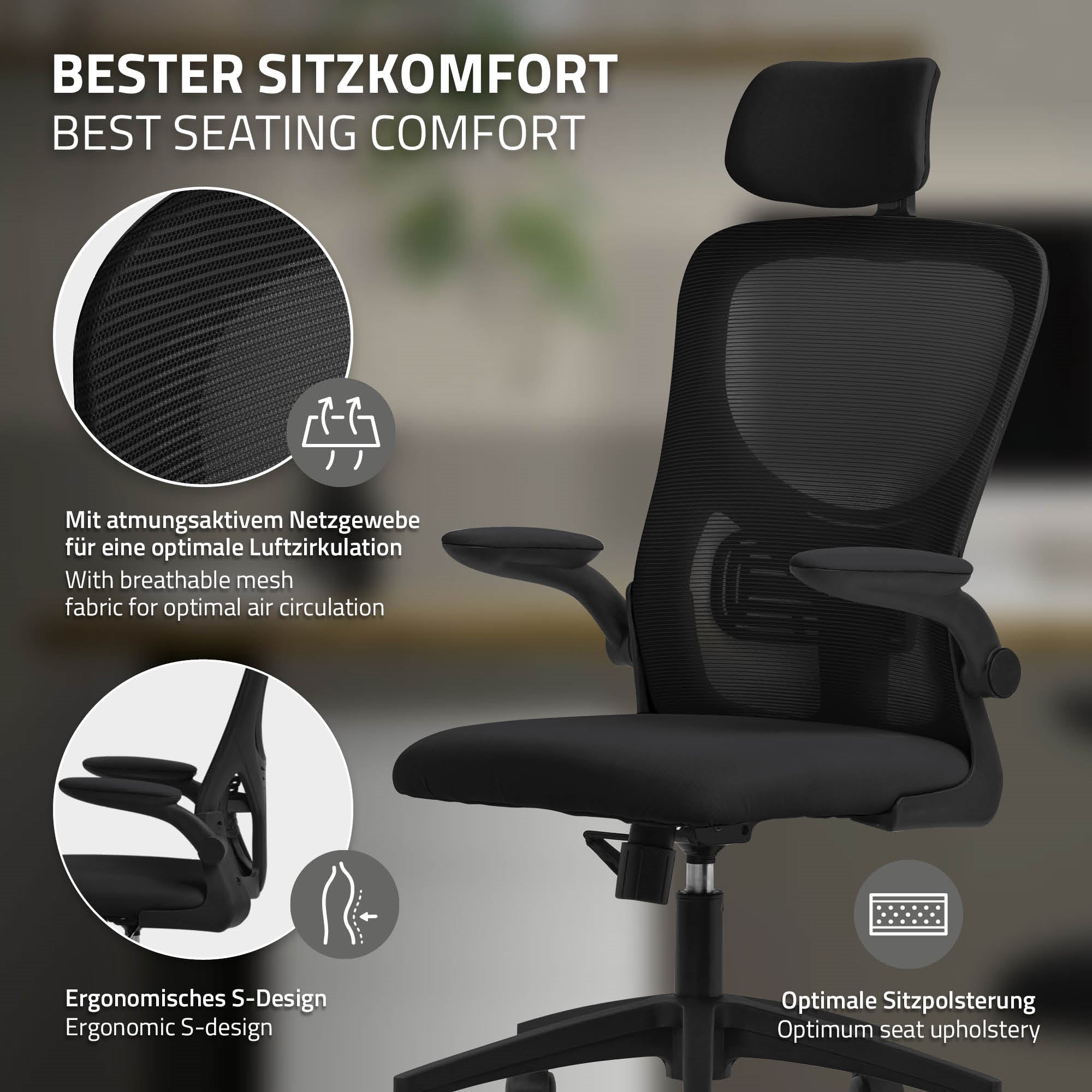 Sort kontorstol med åndbart net og ergonomisk design.