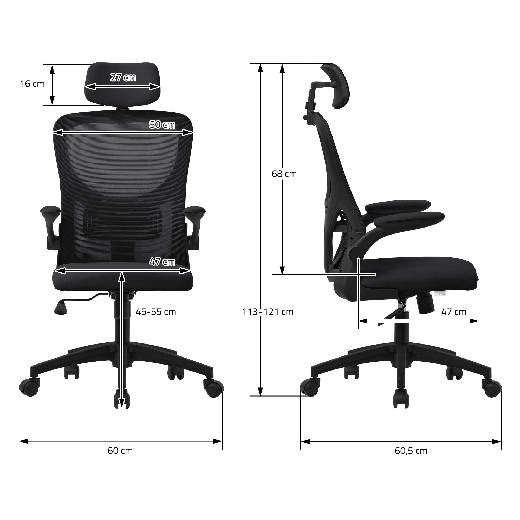 Technický výkres kancelářské židle s rozměry pro výšku a šířku.