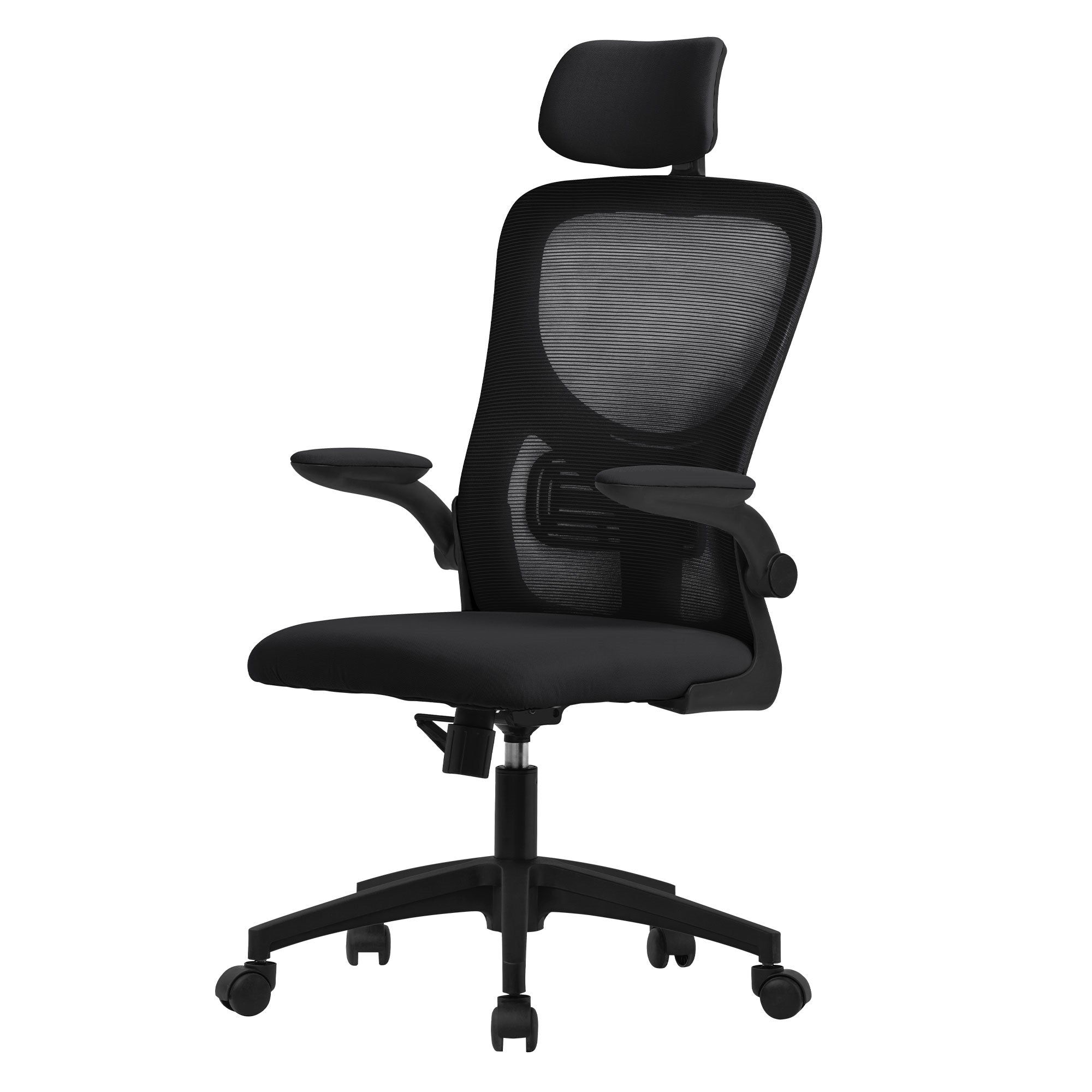 Bürostuhl in Schwarz mit Kopfstütze und verstellbaren Armlehnen.