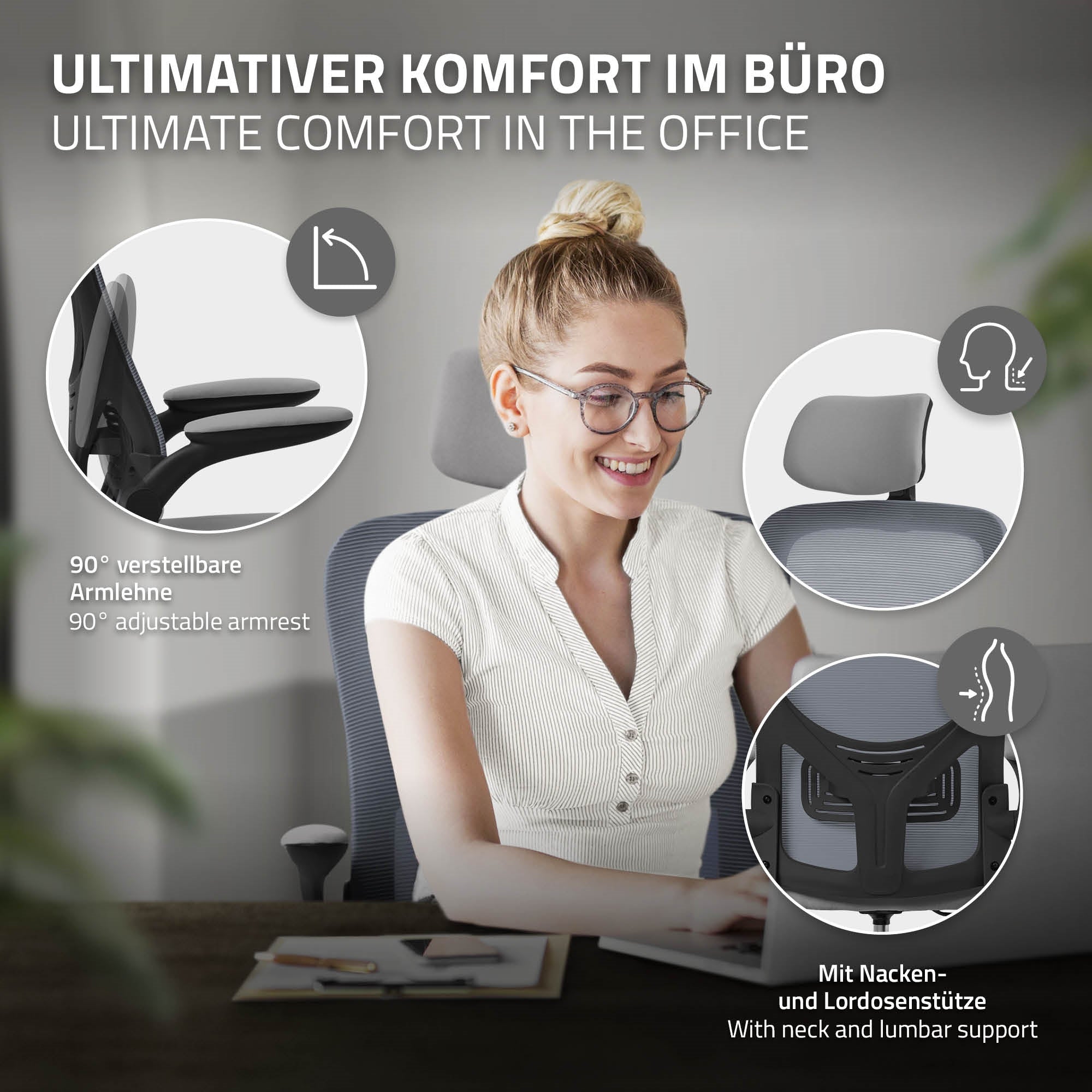 Frau sitzt lächelnd an einem Schreibtisch, nutzt einen Bürostuhl mit Nackenstütze.