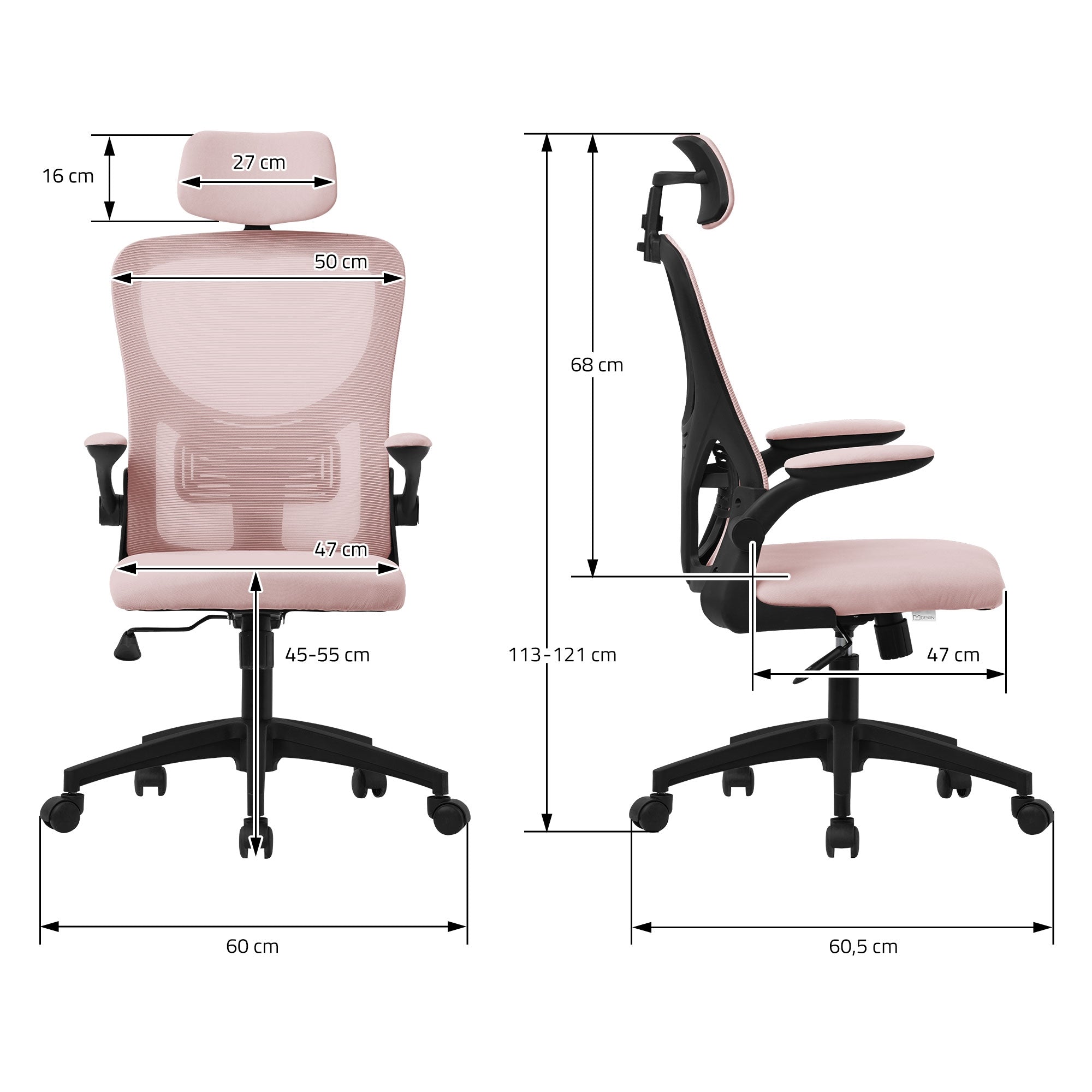 Office chair with dimensions: height 113-121 cm, width 60 cm, depth 60.5 cm.