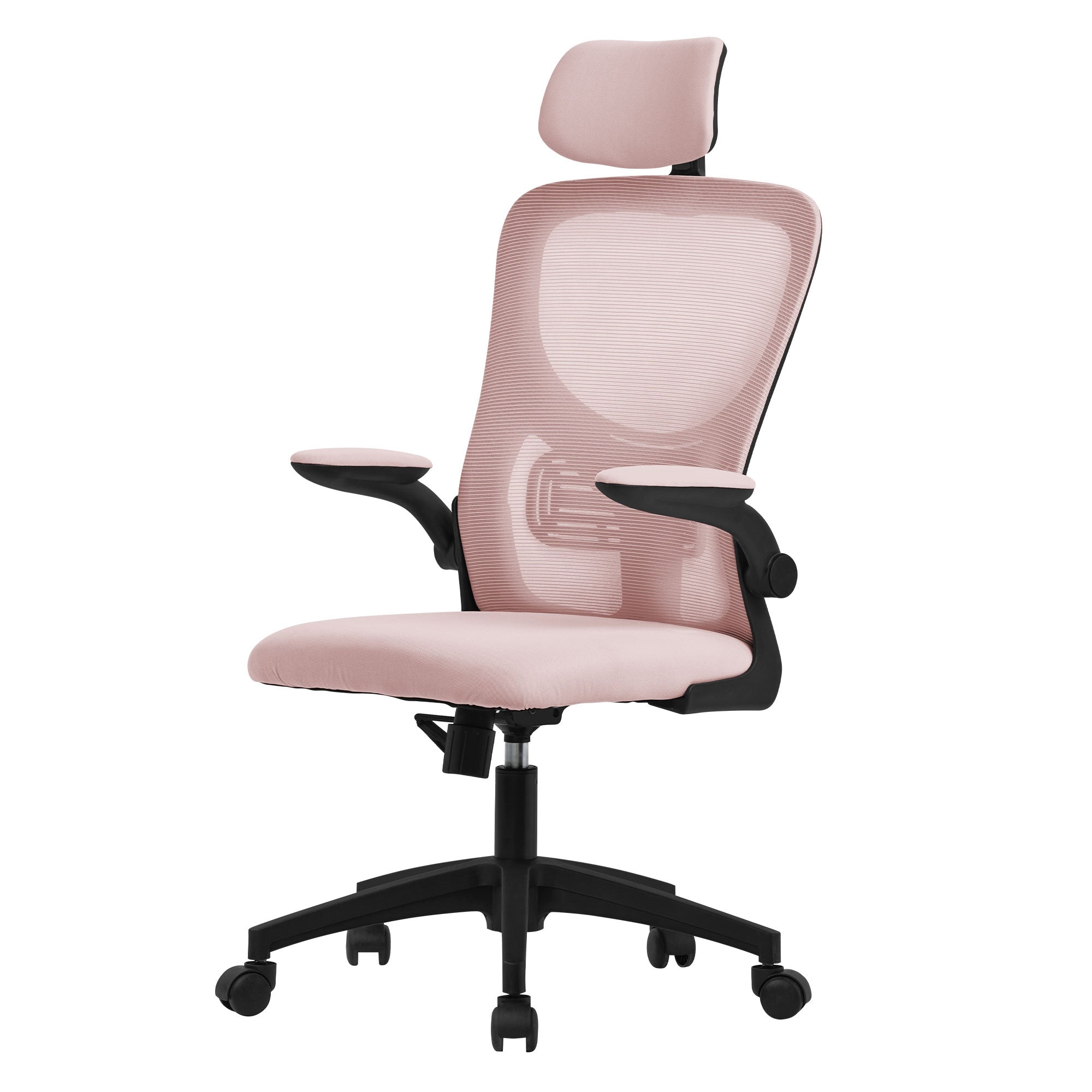 Bürostuhl in Rosa mit Kopfstütze und verstellbaren Armlehnen.