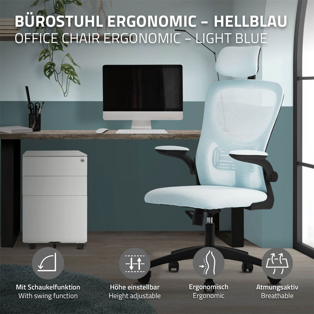 Ergonomischer Bürostuhl in hellblau vor einem Schreibtisch und einem Aktenschrank.