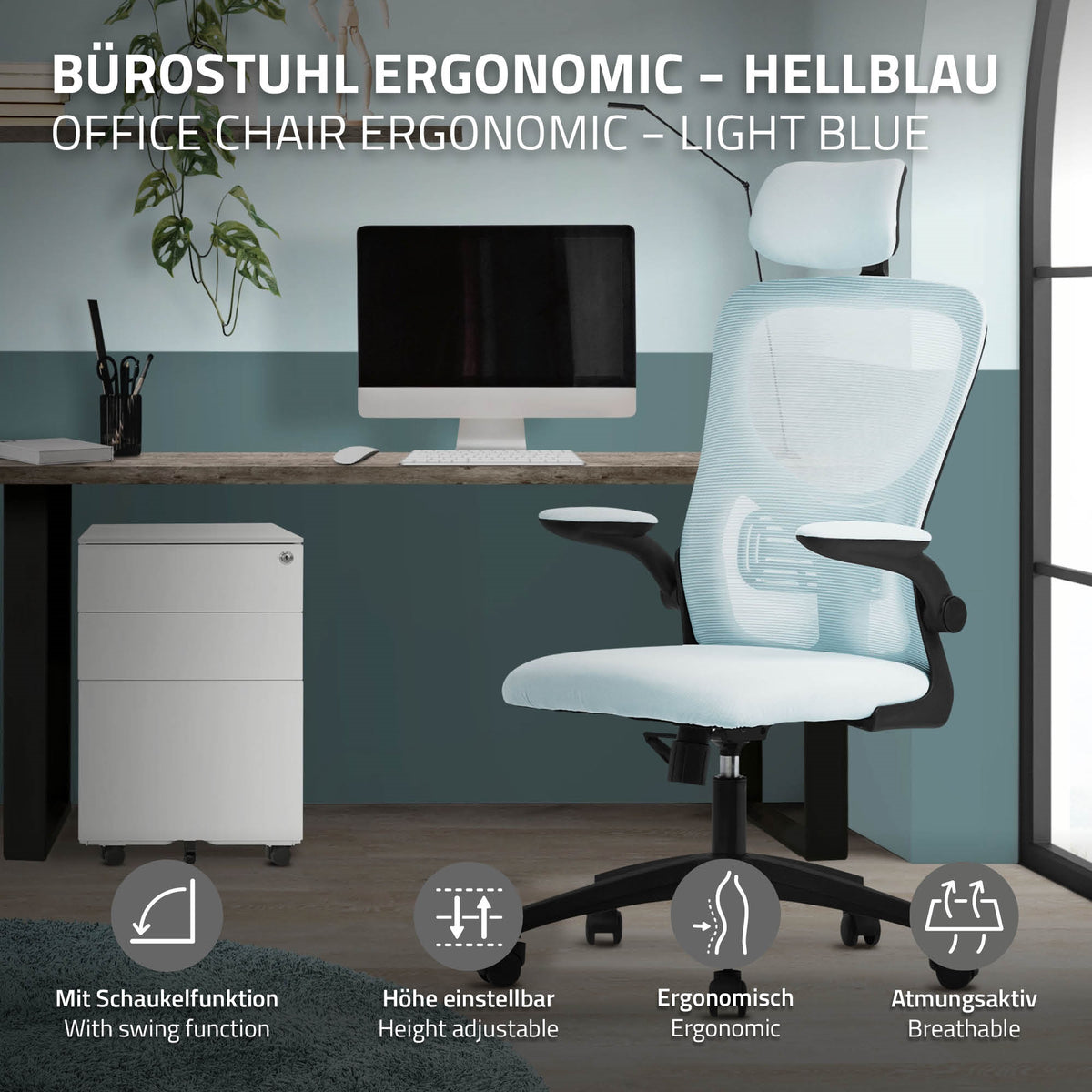 Ergonomic office chair in light blue in front of a desk and a filing cabinet.