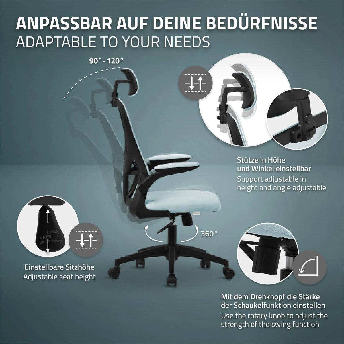 Grafik zur Anpassbarkeit eines Bürostuhls mit verschiedenen Einstellmöglichkeiten.