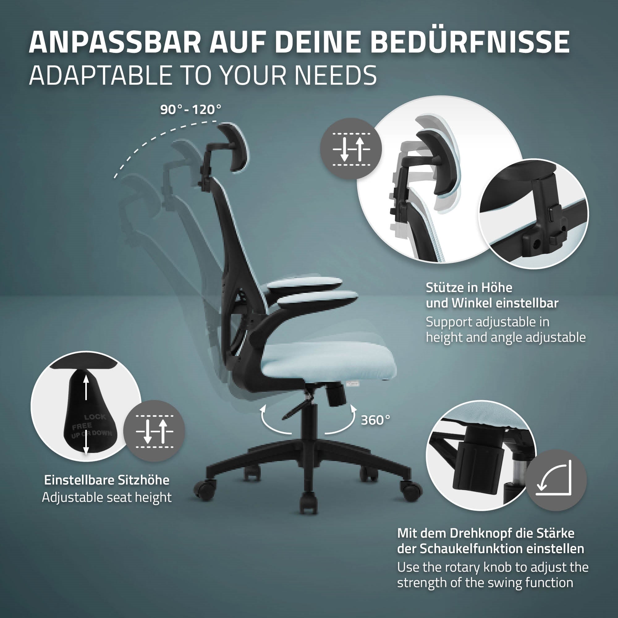 Grafik zur Anpassbarkeit eines Bürostuhls mit verschiedenen Einstellmöglichkeiten.