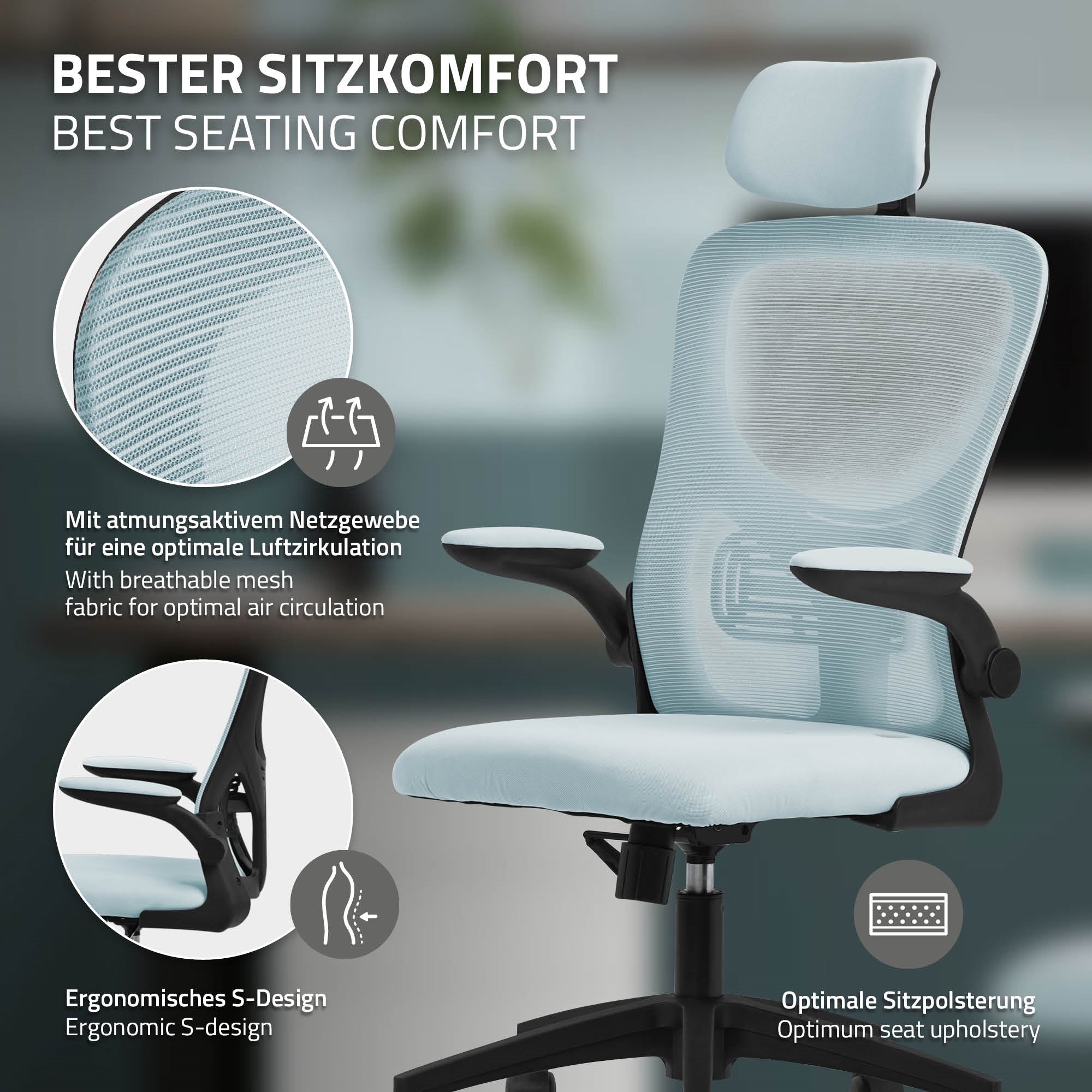 Bürostuhl mit atmungsaktivem Netzgewebe und ergonomischem Design.