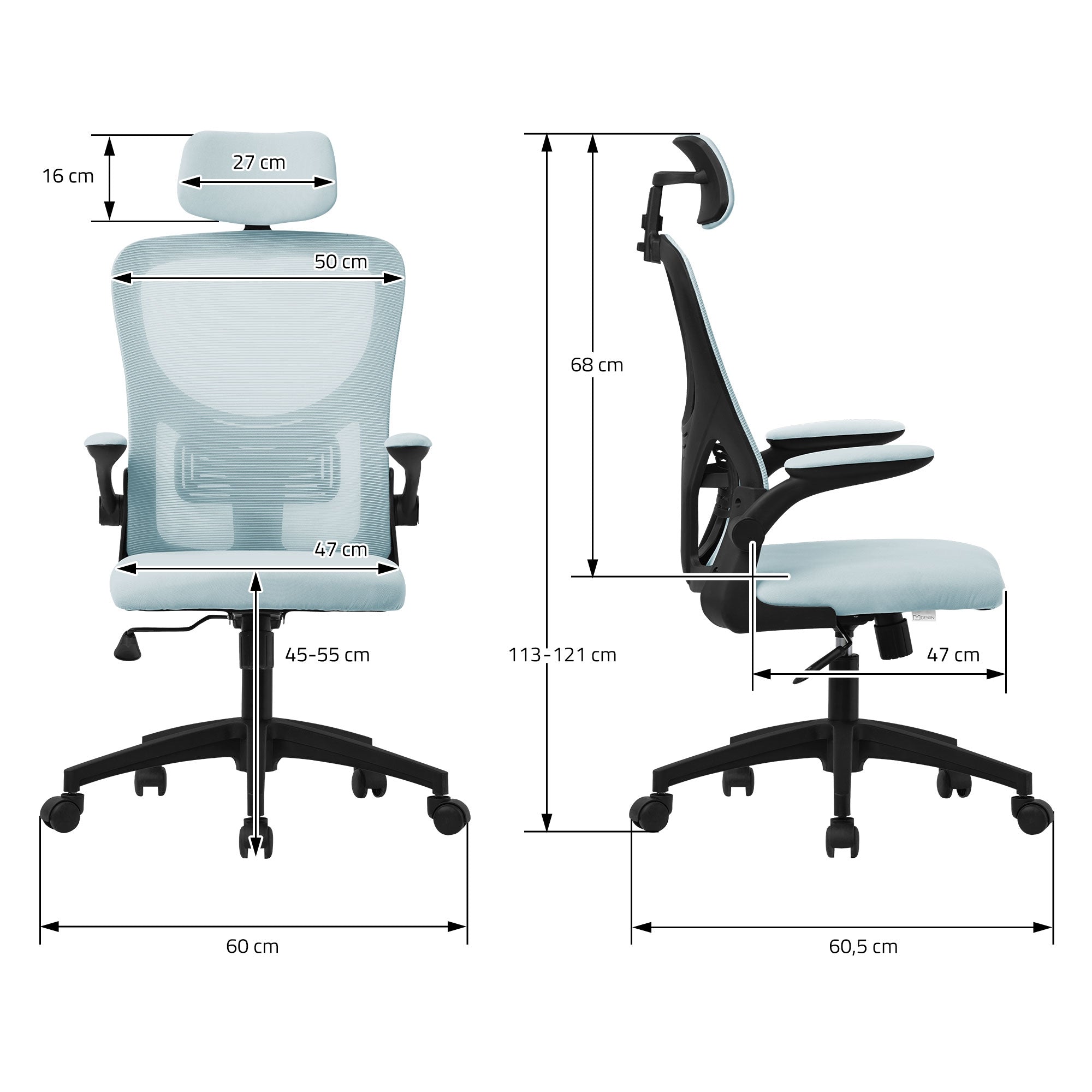 Bürostuhl-Illustration in Blau mit Maßen und Details von verschiedenen Ansichten.