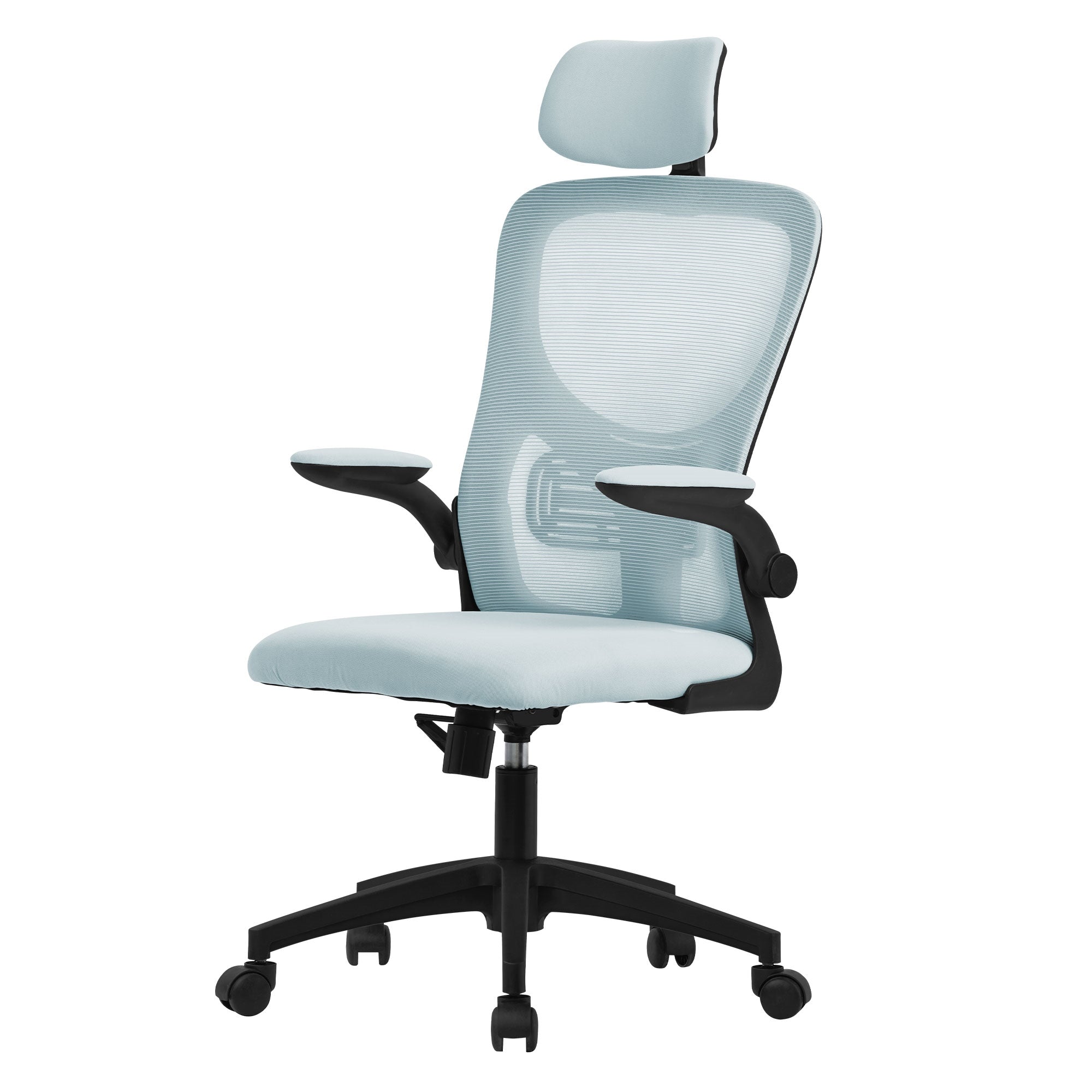Bürostuhl in hellblauer Farbe mit verstellbarem Kopfteil und Armlehnen.