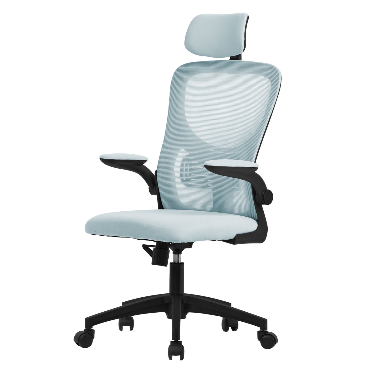 Office chair in light blue color with adjustable headrest and armrests.