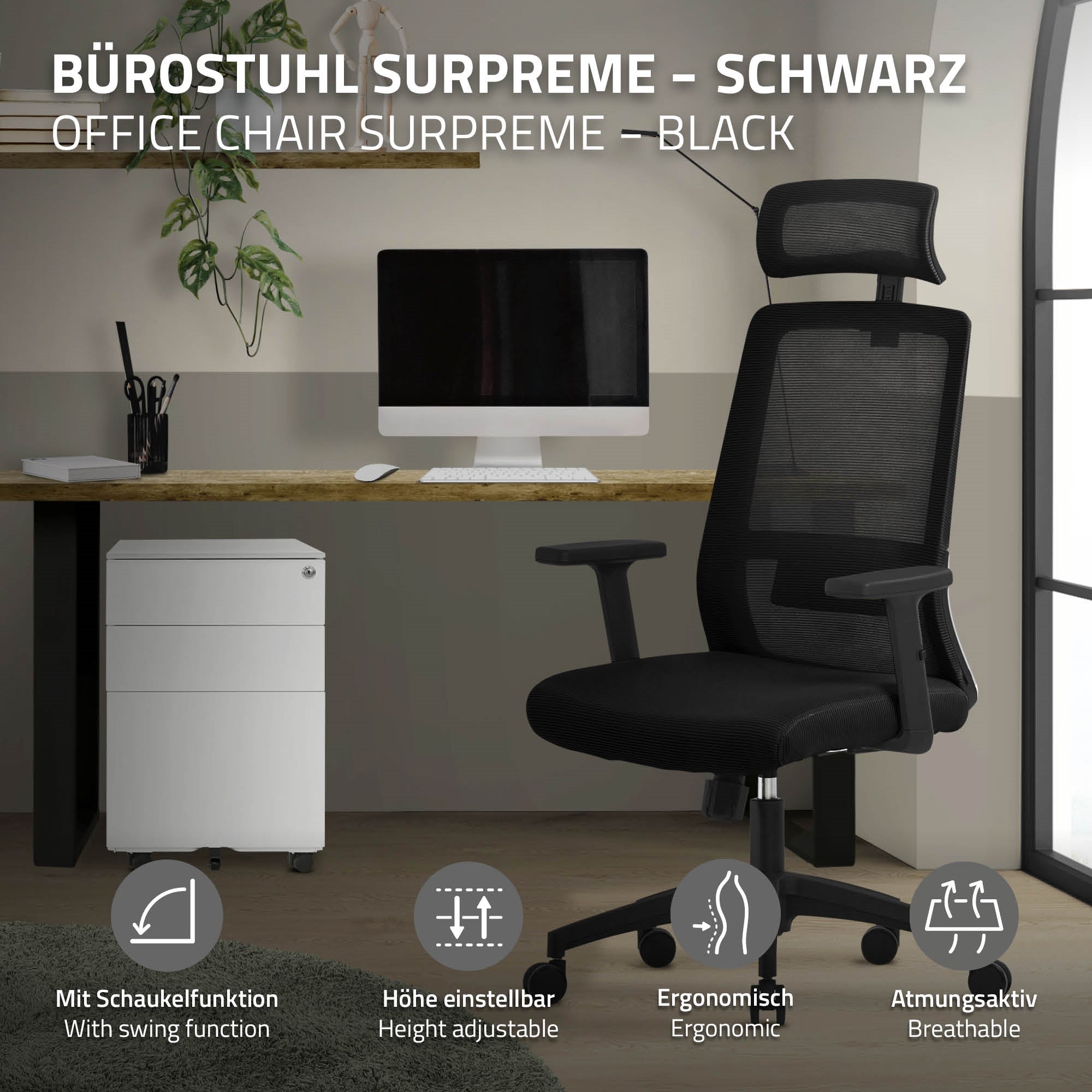 Bürostuhl in Schwarz, steht vor einem Schreibtisch mit einem Aktenschrank.