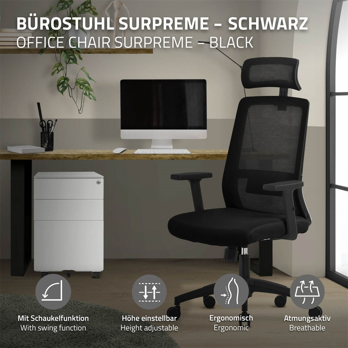 Bürostuhl in Schwarz, steht vor einem Schreibtisch mit einem Aktenschrank.