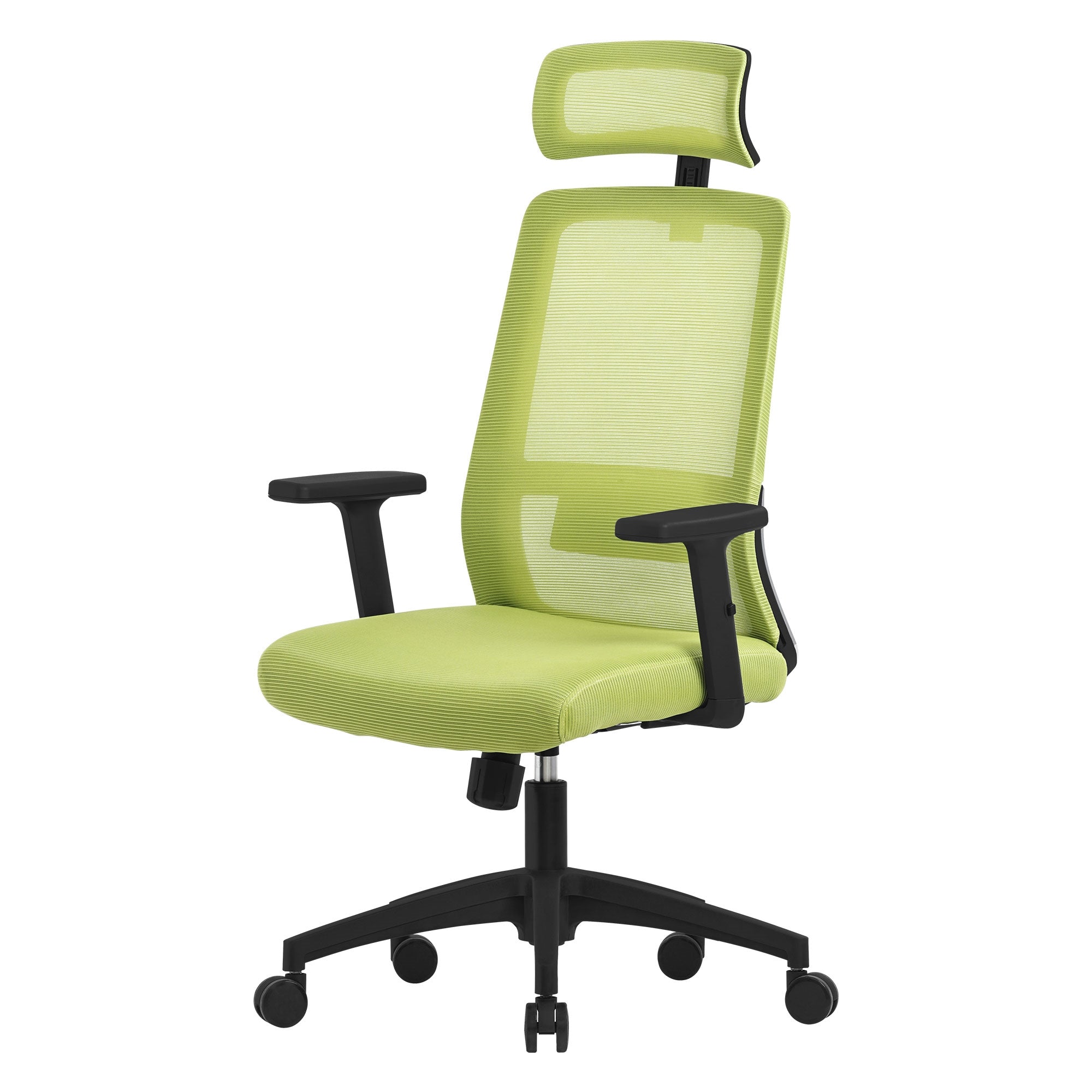 Ergonomikus irodai szék zöld színben, állítható fejtámlával és karfákkal.