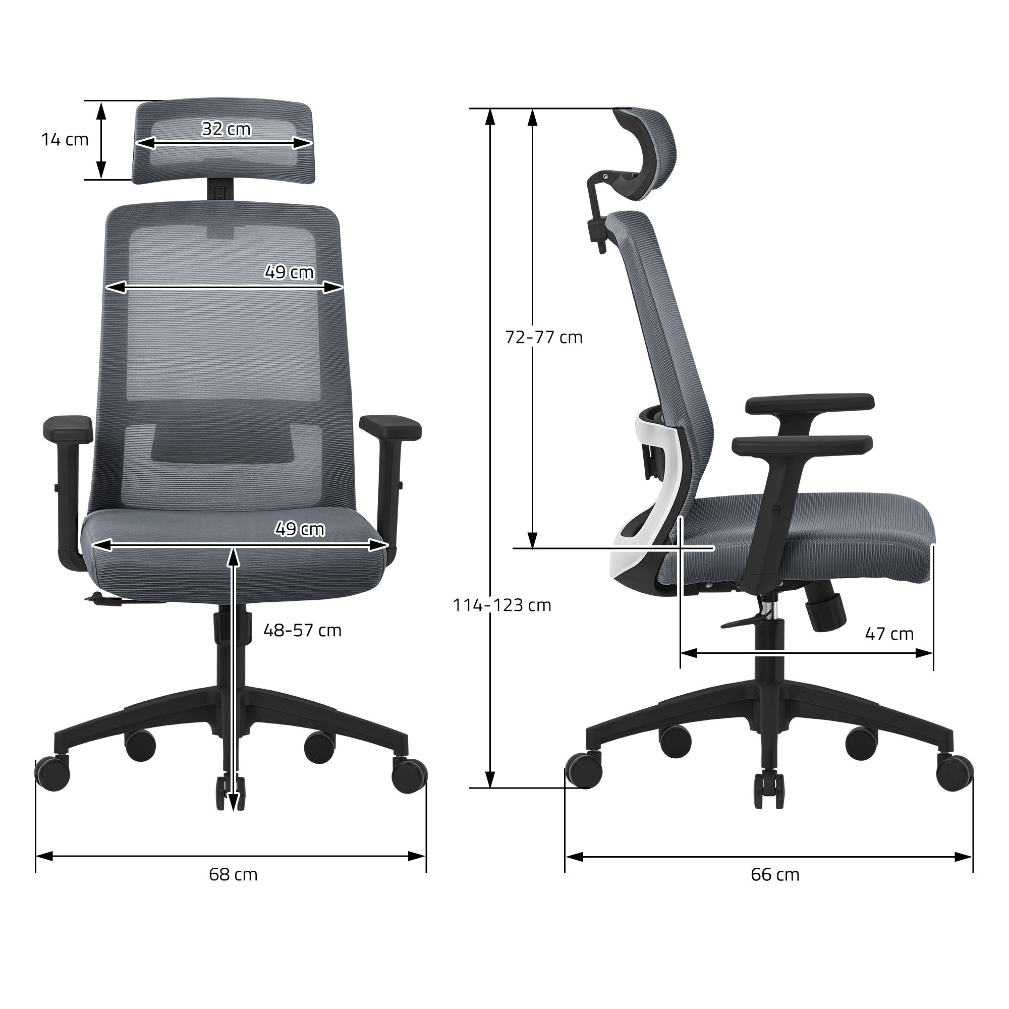 Måltegning af en kontorstol med forskellige dimensioner.