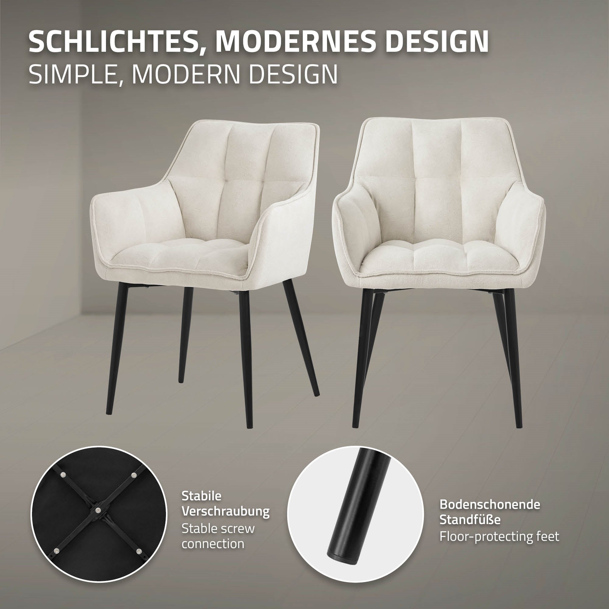 Stuhl mit modernem Design, stabiler Verbindung und bodenschonenden Füßen.