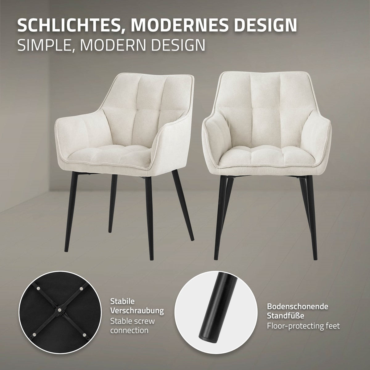 Židle s moderním designem, stabilním spojením a nožičkami šetrnými k podlaze.