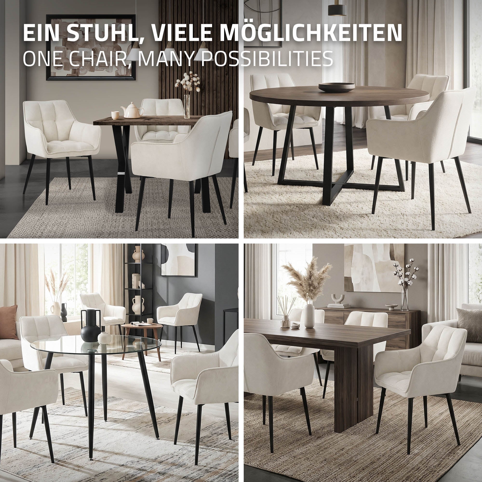 Vier Bilder von einem Esszimmer mit Stühlen und einem Tisch.