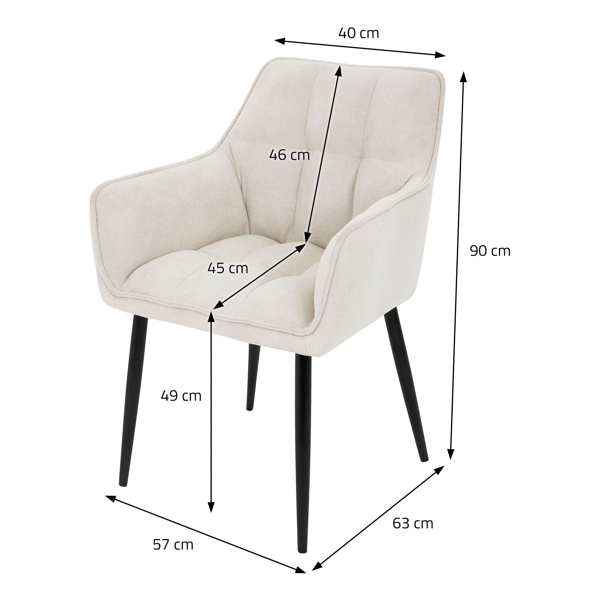 Beige Esszimmerstuhl mit Maßen und schwarzen Beinen.