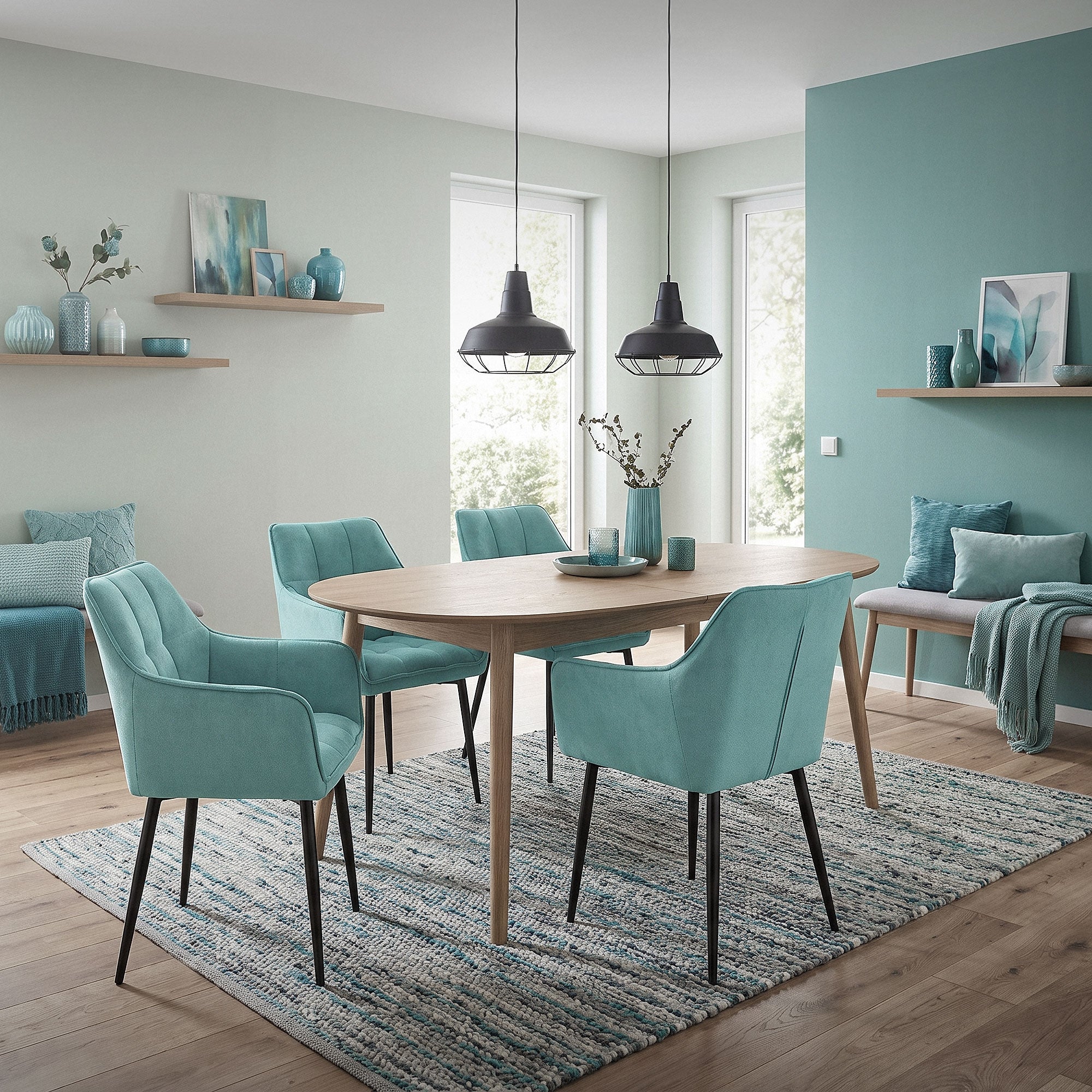 Esszimmer mit ovalem Tisch, blauen Stühlen und dekorativen Elementen.