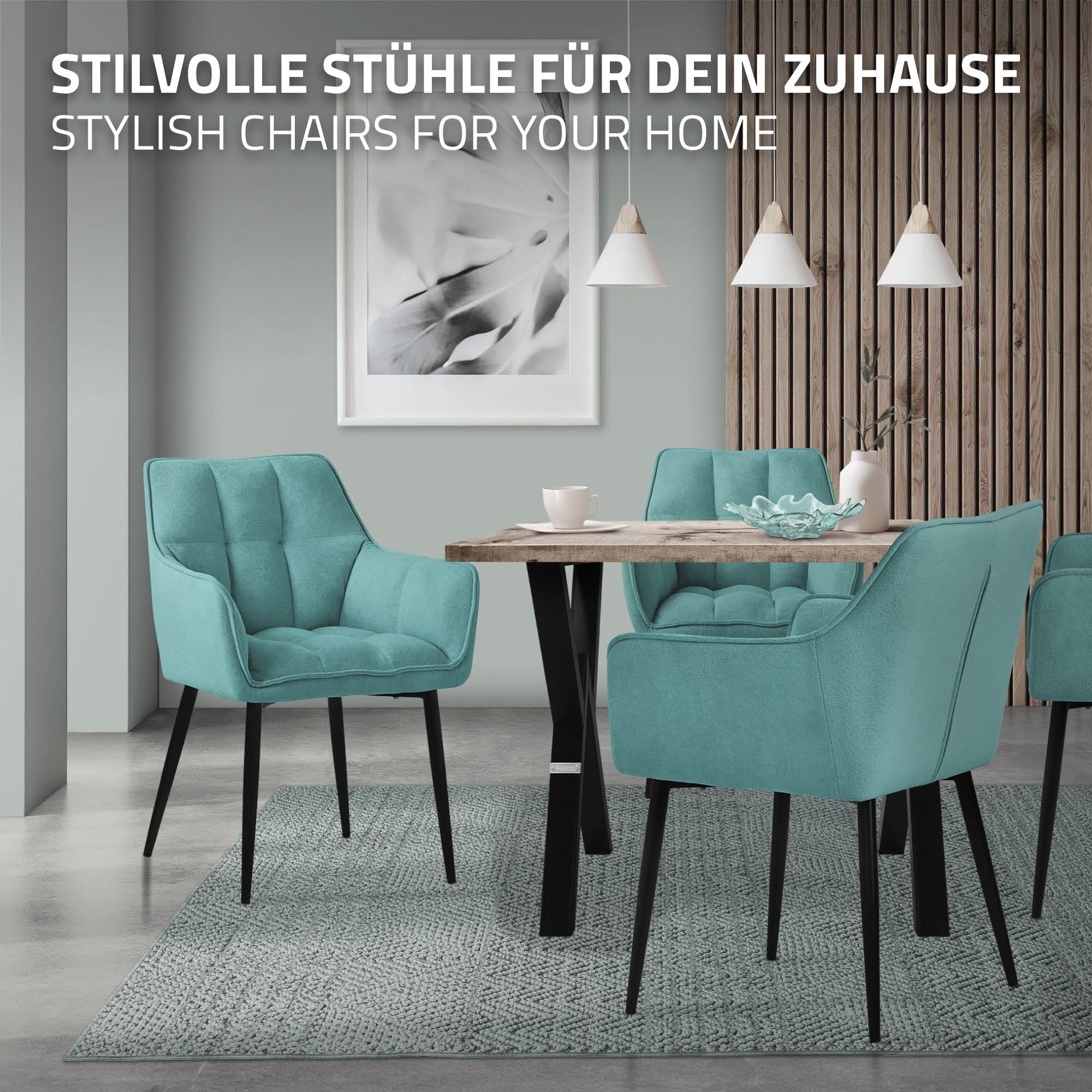 Stylové tyrkysové židle kolem stolu v moderním prostoru.