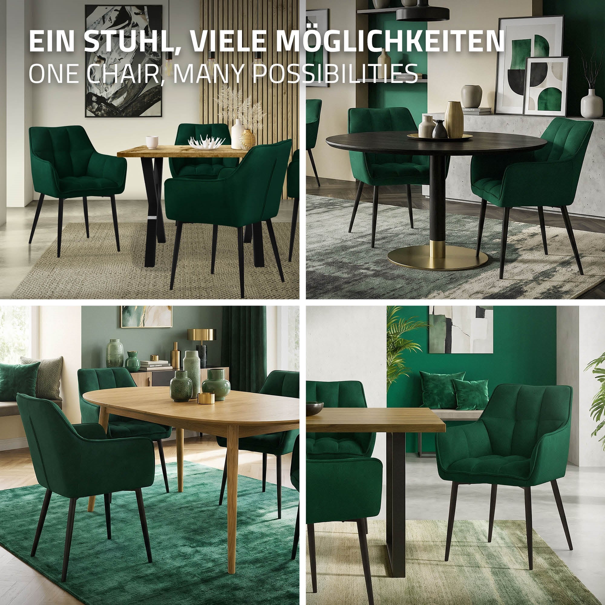 Vier grüne Stühle um einen runden Tisch in einem modernen Raum.